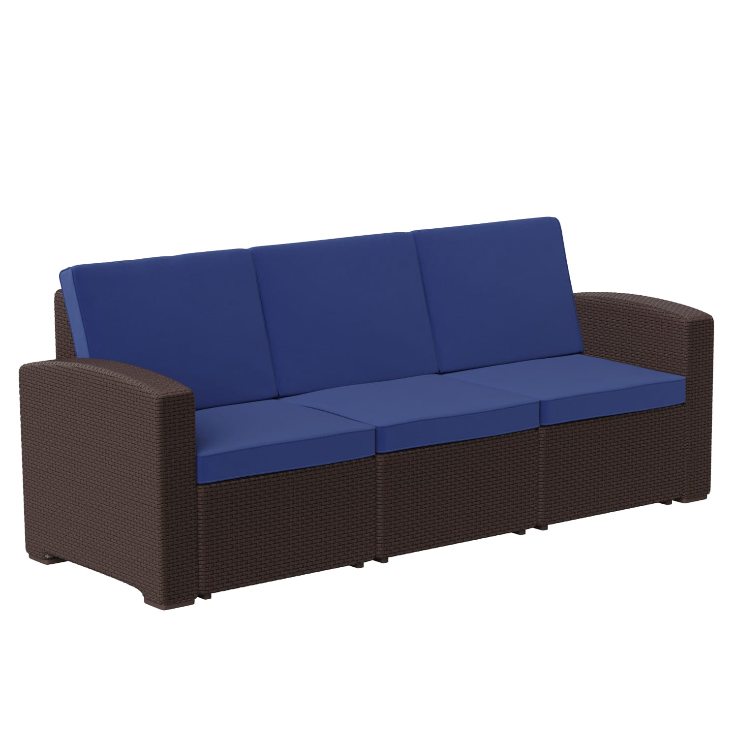 Flash Furniture Faux Rattan Outdoor Furniture Sofa With All Weather Cushions, 32inH x 78-1/2inW x 28inD, Navy/Chocolate Brown - Image 3