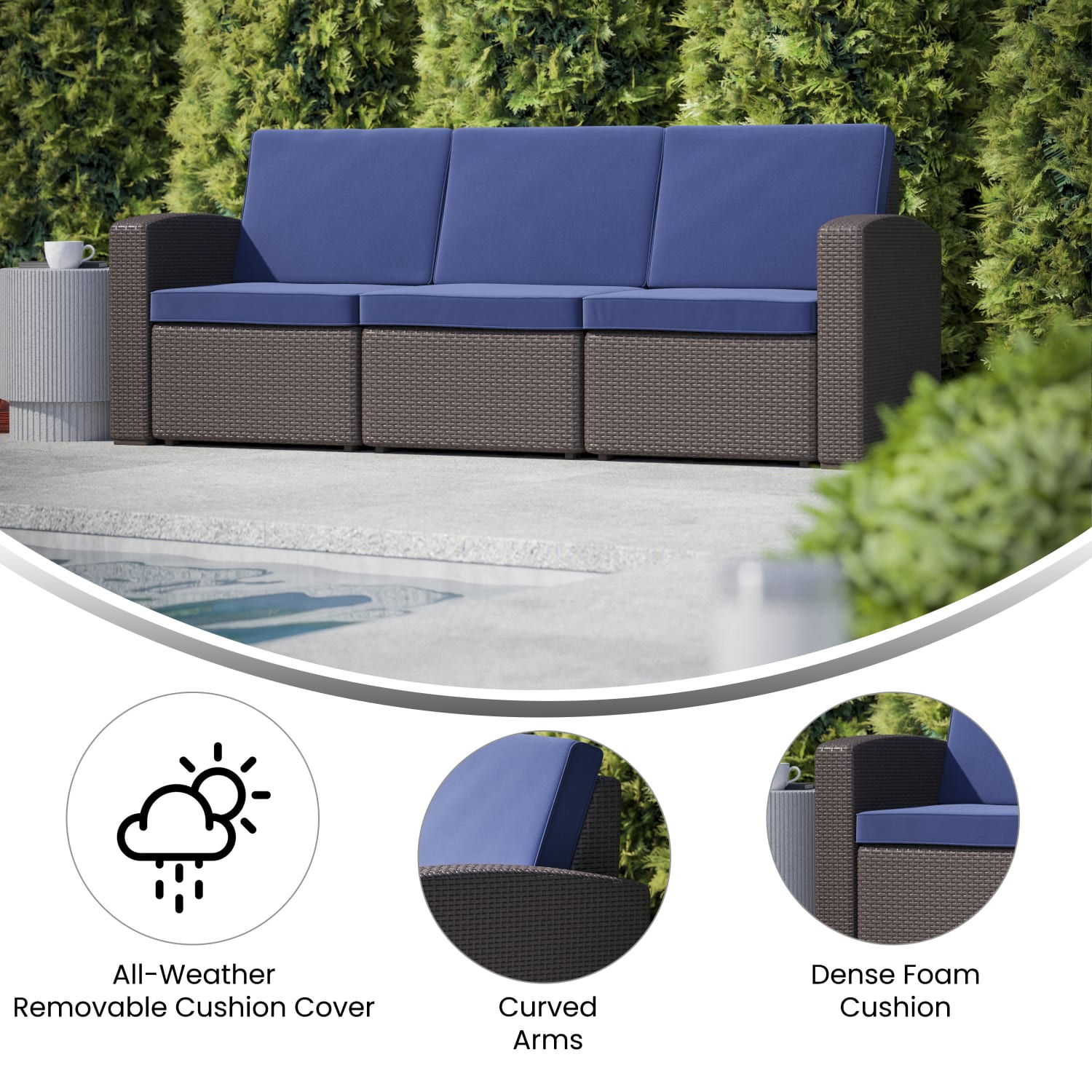 Flash Furniture Faux Rattan Outdoor Furniture Sofa With All Weather Cushions, 32inH x 78-1/2inW x 28inD, Navy/Chocolate Brown - Image 5