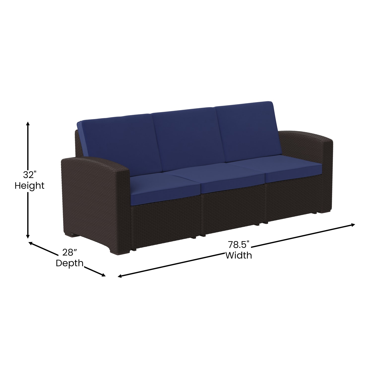 Flash Furniture Faux Rattan Outdoor Furniture Sofa With All Weather Cushions, 32inH x 78-1/2inW x 28inD, Navy/Chocolate Brown - Image 6