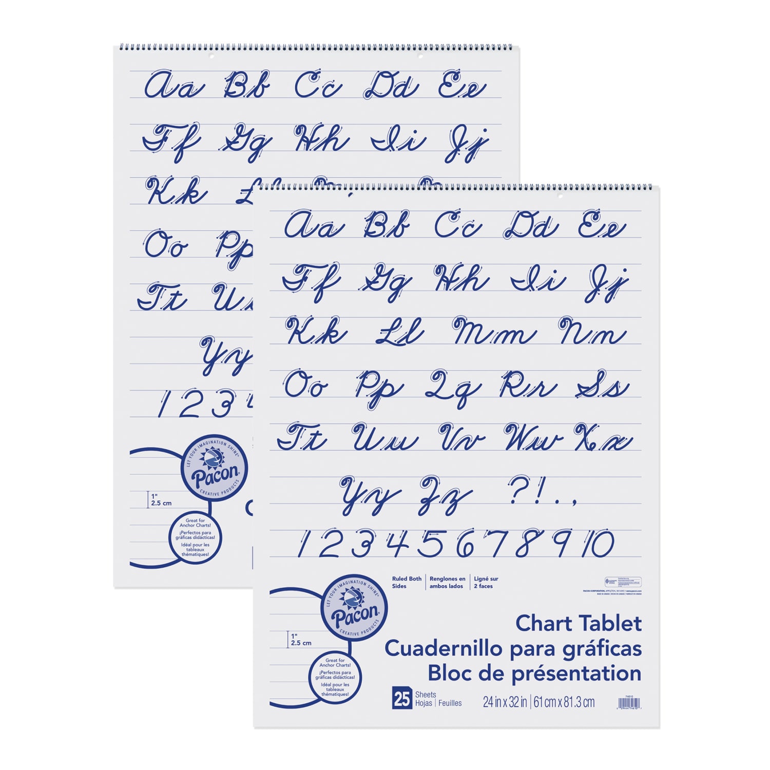 Pacon Chart Tablets, 24in x 32in, 1in Ruled, 25 Sheets, Cursive Cover, Pack Of 2 Tablets