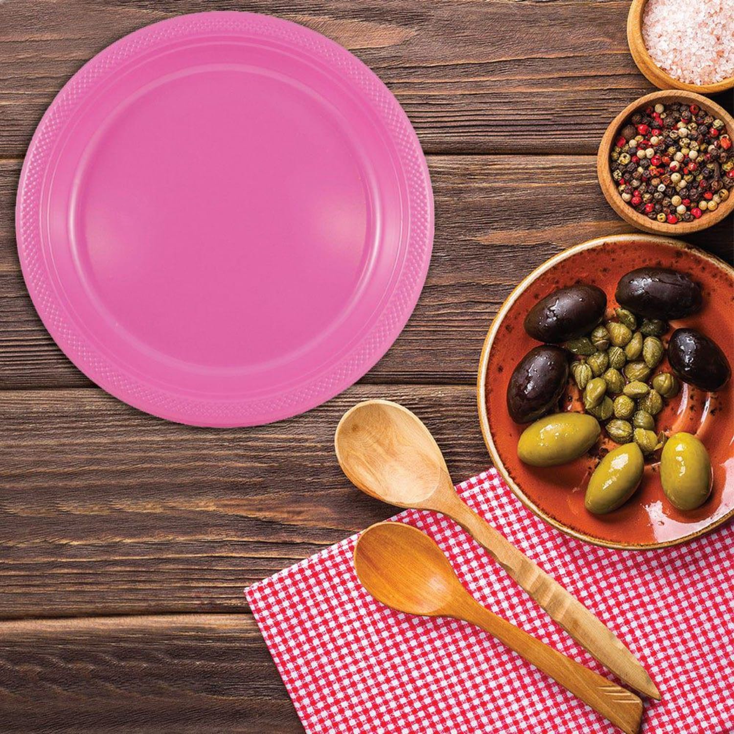 JAM PAPER Round Plastic Party Plates, Large, 10 1/4 inch, Fuchsia Hot Pink, 20/Pack - Image 3