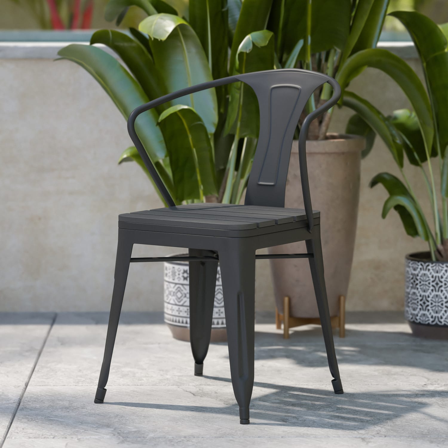 Flash Furniture Helvey Commercial Metal/Resin Outdoor Furniture Stacking Armchairs, Black, Set Of 2 Chairs
