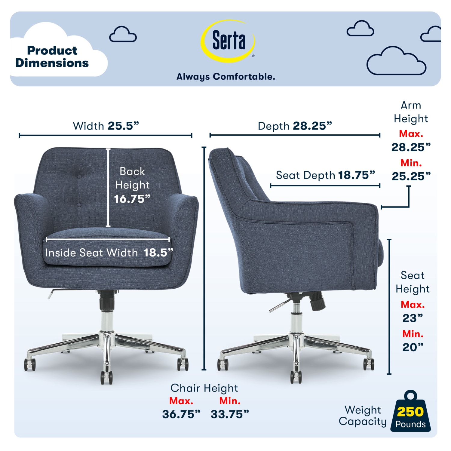 Serta Ashland Home Mid-Back Office Chair, Twill Fabric, Blue/Chrome - Image 4