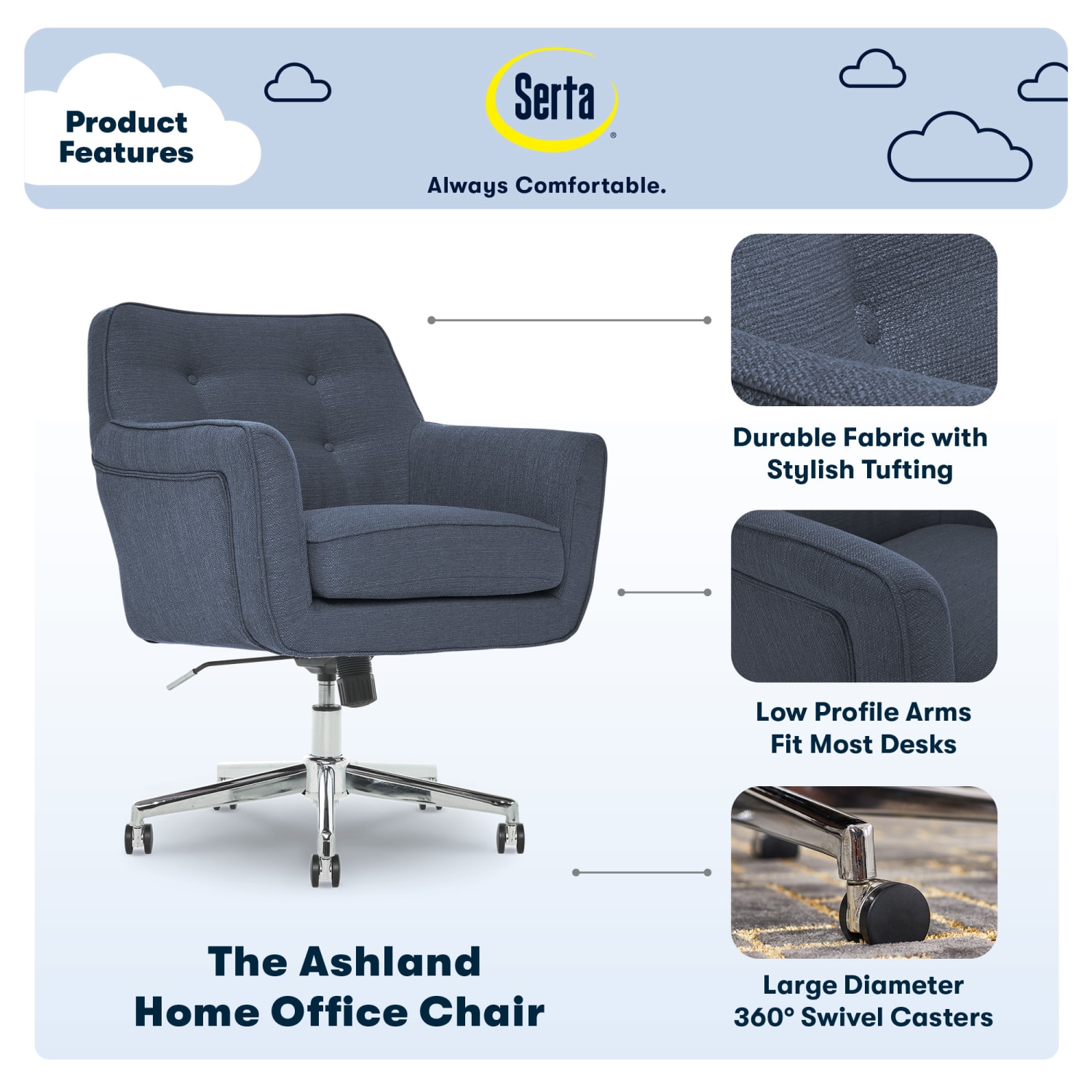 Serta® Ashland Home Mid-Back Office Chair, Twill Fabric, Blue/Chrome - Image 5