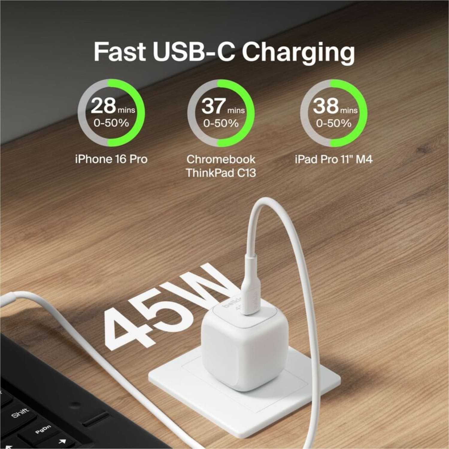 Belkin 45W Portable USB-C Wall Charger - 1xUSB-C (45W) - Fast Charge - Power Adapter - White - 45 W - White - Image 3