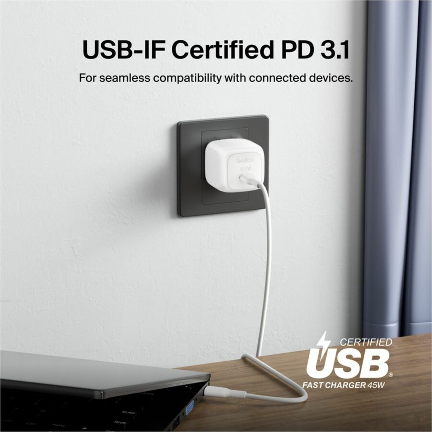 Belkin 45W Portable USB-C Wall Charger - 1xUSB-C (45W) - Fast Charge - Power Adapter - White - 45 W - White - Image 6