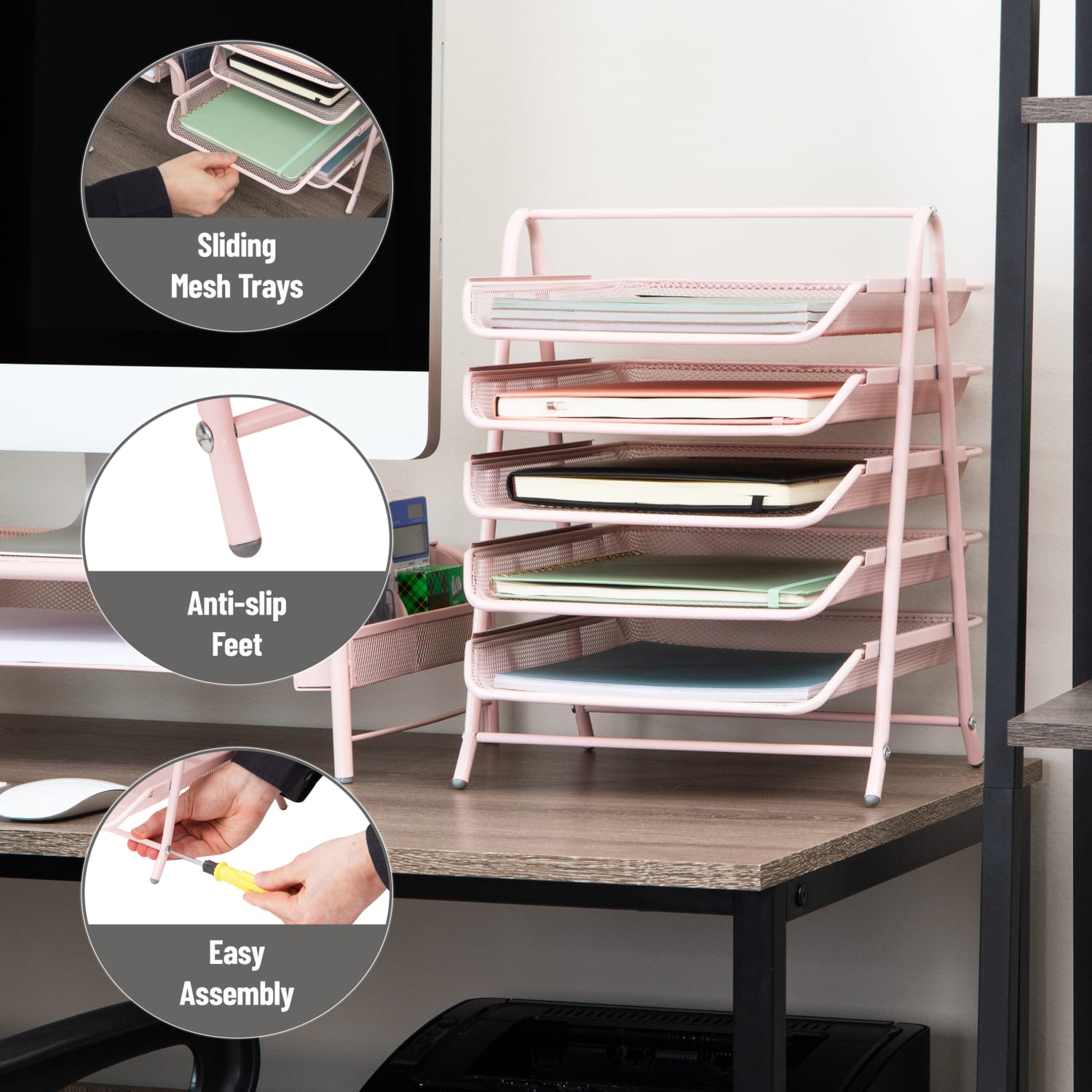 Mind Reader 5-Tier Paper Tray Desktop Organizer Metal Mesh, 14-1/2inH x 14inW x 11-3/4in L, Pink - Image 5