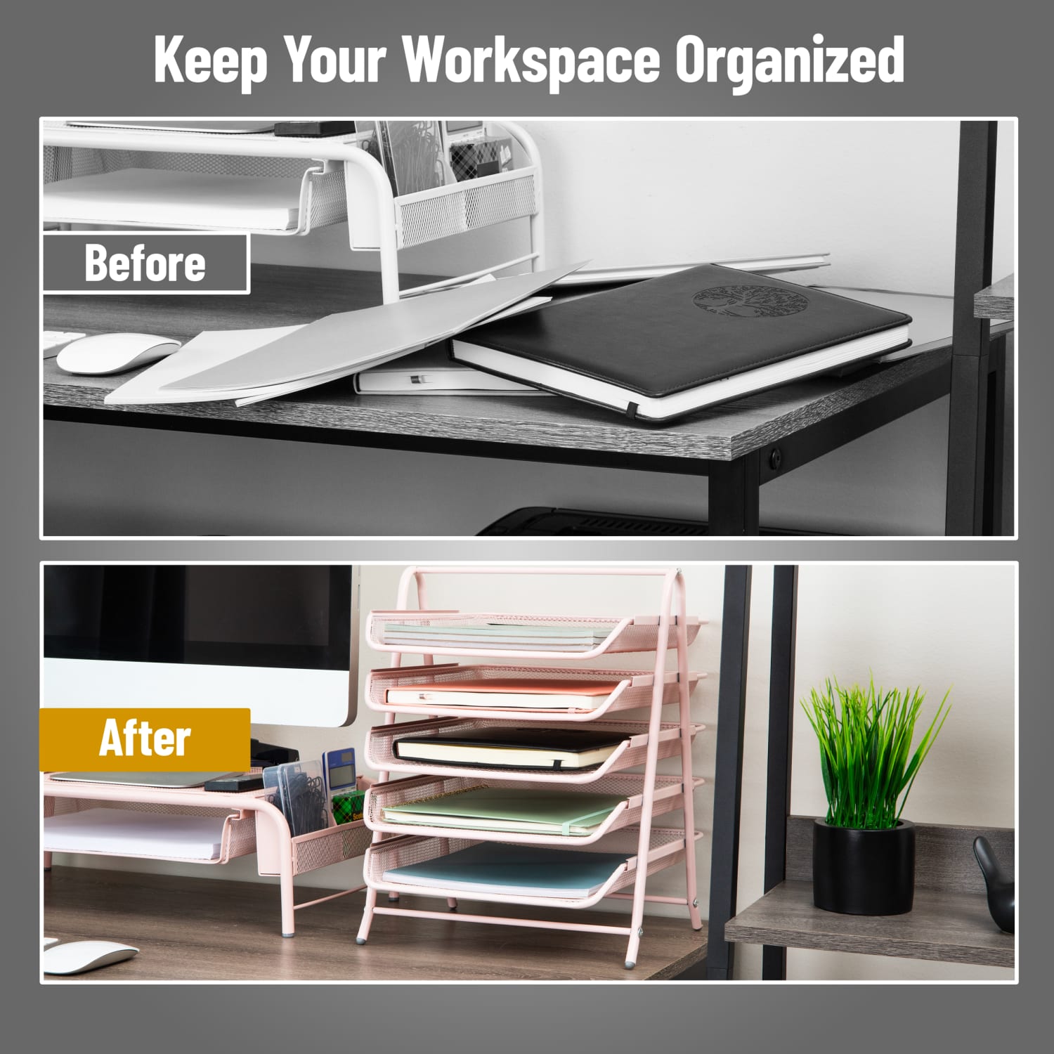 Mind Reader 5-Tier Paper Tray Desktop Organizer Metal Mesh, 14-1/2inH x 14inW x 11-3/4in L, Pink - Image 6