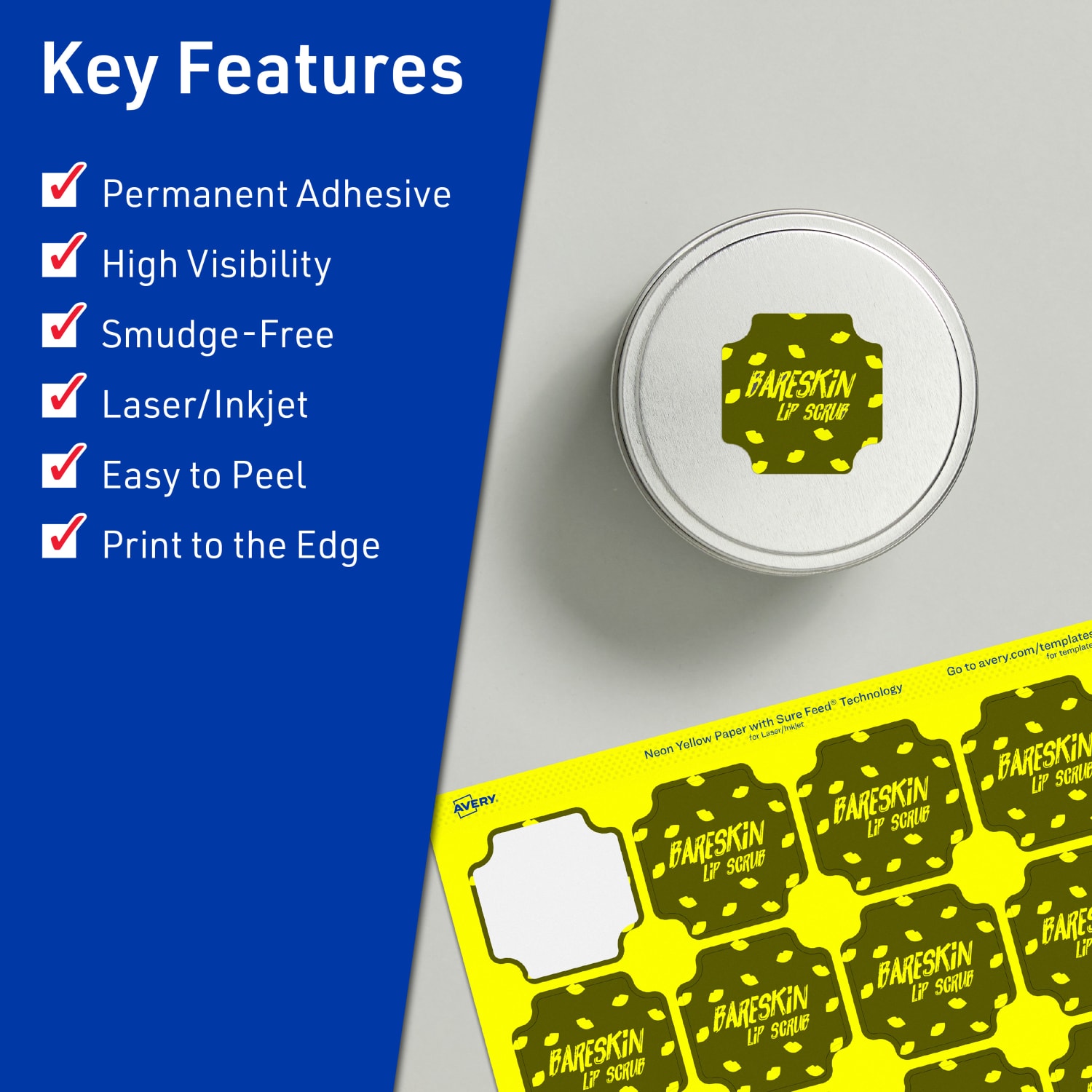 Avery Print-To-The-Edge Labels With Sure Feed Technology, 94110-NYP20, Square Scalloped, 1-5/8in x 1-5/8in, Matte Neon Yellow, Pack of 400 - Image 3