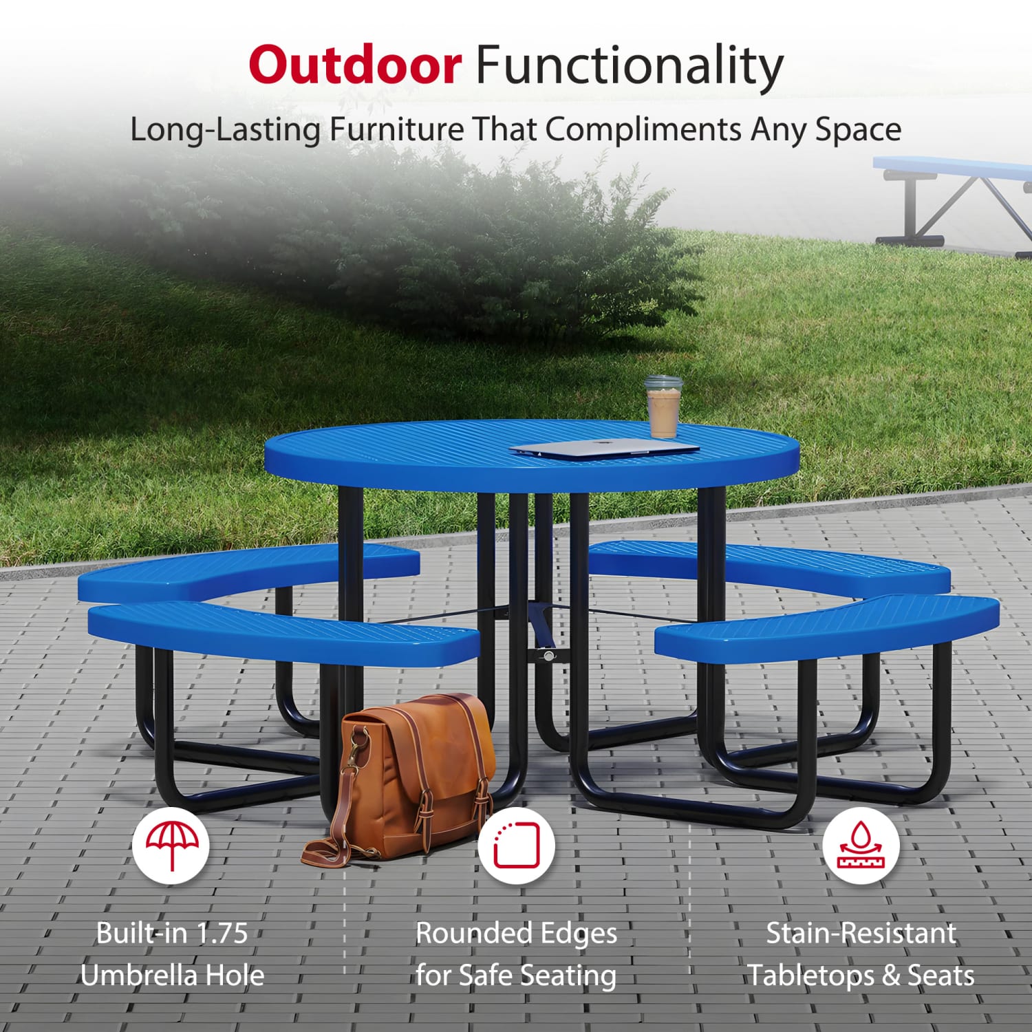 Leisure Craft Round Outdoor Picnic Table, 29-1/4inH x 81inW x 81inD, Black/Blue - Image 4