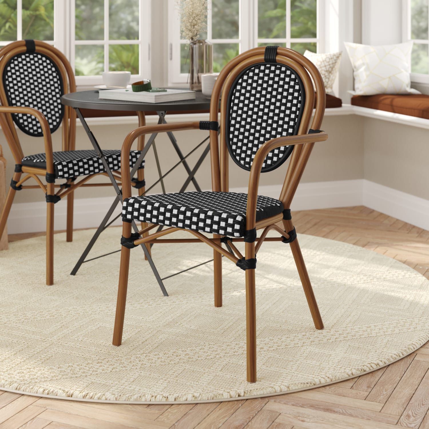 Flash Furniture Lourdes IndoorOutdoor Commercial Thonet Bistro Stacking Chair with Arms PE Rattan and Aluminum Frame Black WhiteNatural Frame PopularChairscom Flash Furniture Lourdes IndoorOutdoor Commercial Thonet Bistro Stacking Chair with Arms PE Rattan and Aluminum Frame Black WhiteNatural Frame PopularChairscom