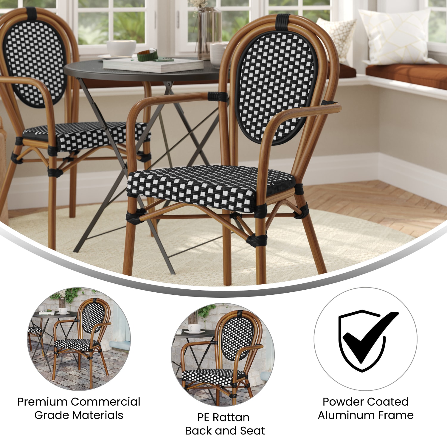 Flash Furniture Lourdes Indoor/Outdoor Commercial Thonet Bistro Stacking Chair with Arms, PE Rattan and Aluminum Frame, Black & White/Natural Frame - Image 4