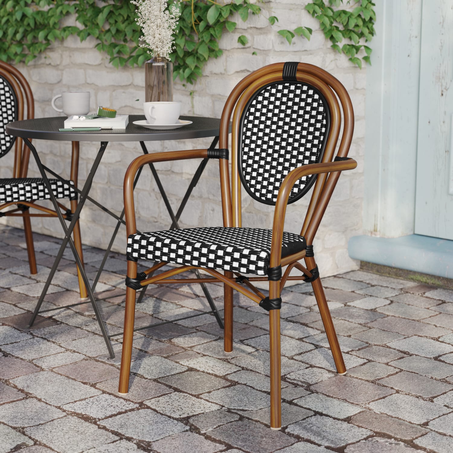 Flash Furniture Lourdes IndoorOutdoor Commercial Thonet Bistro Stacking Chair with Arms PE Rattan and Aluminum Frame Black WhiteNatural Frame PopularChairscom Flash Furniture Lourdes IndoorOutdoor Commercial Thonet Bistro Stacking Chair with Arms PE Rattan and Aluminum Frame Black WhiteNatural Frame PopularChairscom