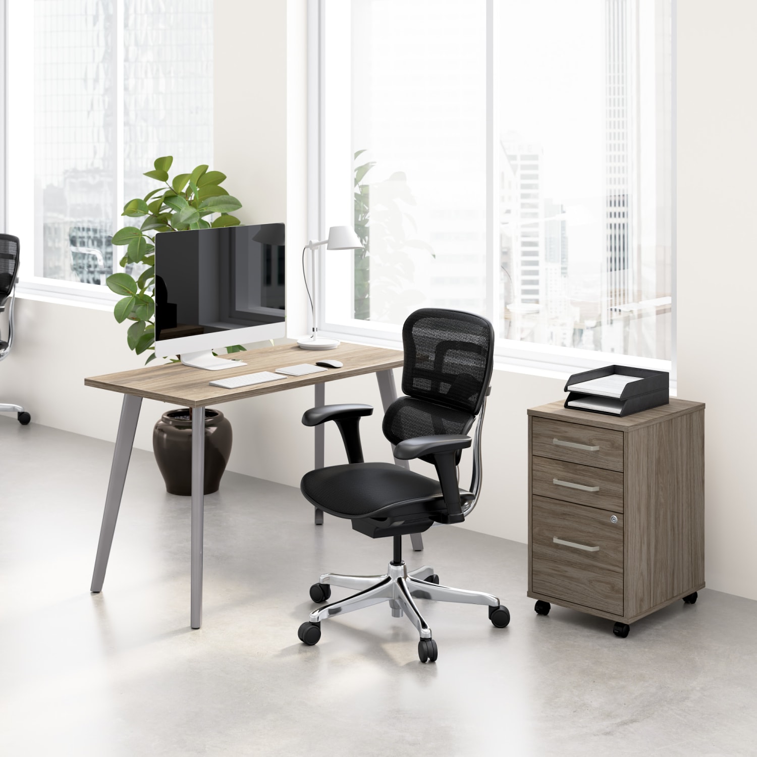 WorkPro Motiva 48inW Modern Office Computer Desk With 3-Drawer Rolling File Cabinet, Modern Hickory, Standard Delivery - Image 3