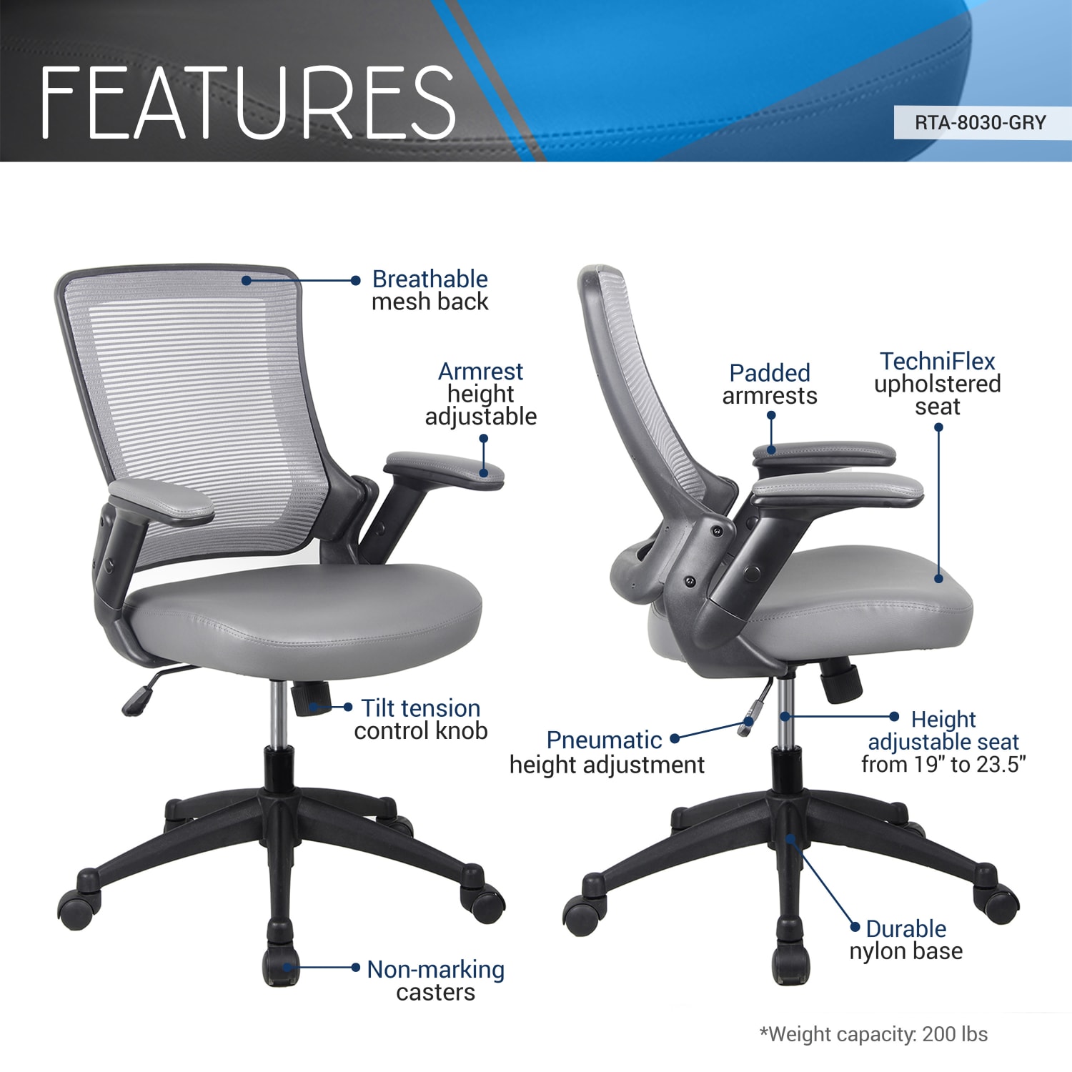 Techni Mobili Ergonomic Mesh Mid-Back Task Chair, Gray - Image 4
