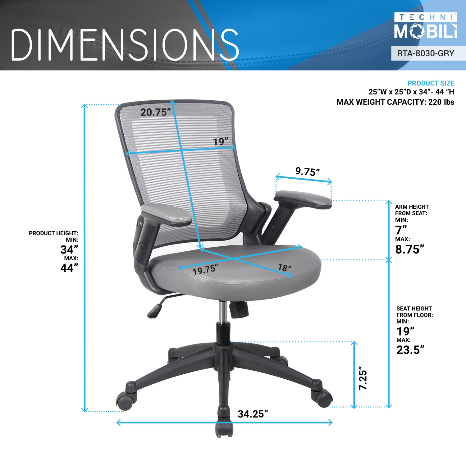 Techni Mobili Ergonomic Mesh Mid-Back Task Chair, Gray - Image 5