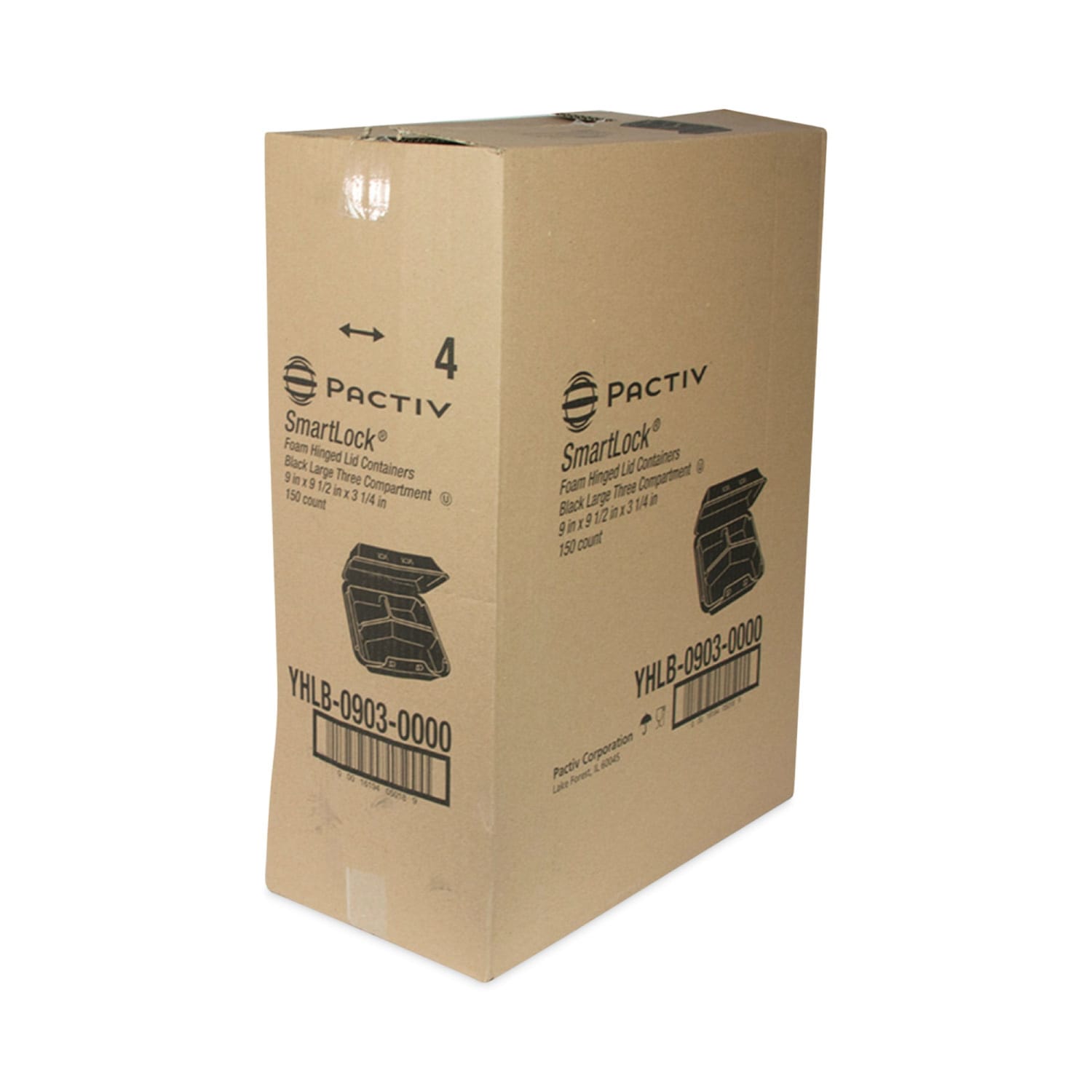 Pactiv Evergreen SmartLock Foam Hinged Lid Containers, Large, 3-Compartment, 3-1/4inH x 9inW x 9-1/2inD, Black, Carton Of 150 Containers - Image 3