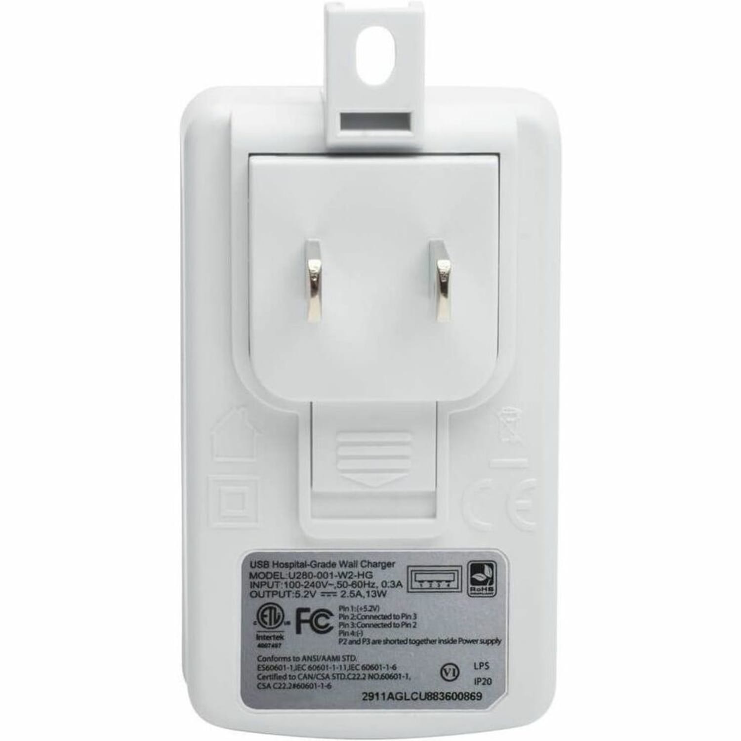 Eaton Tripp Lite Series Hospital-Grade USB Wall Charger, UL 60601-1 Certified for Patient-Care Areas, Locking Tab, 1 Port, 2.5A 13W 110/220V - Power adapter - 13 Watt - 2.5 A (USB) - white - Image 3