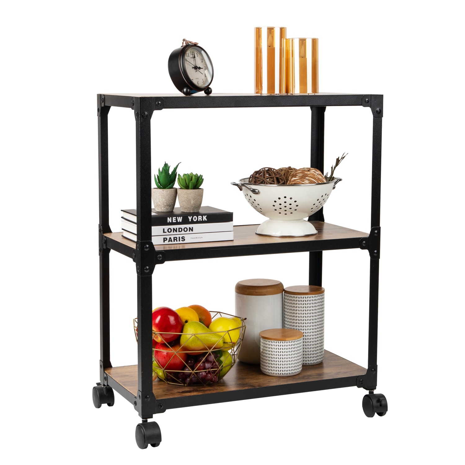 Mind Reader Multipurpose Rolling Cart with 3 Tiers, Mobile Office Storage Organizer, Metal, MDF, 29-1/2in H x 12in W x 23in L, Brown