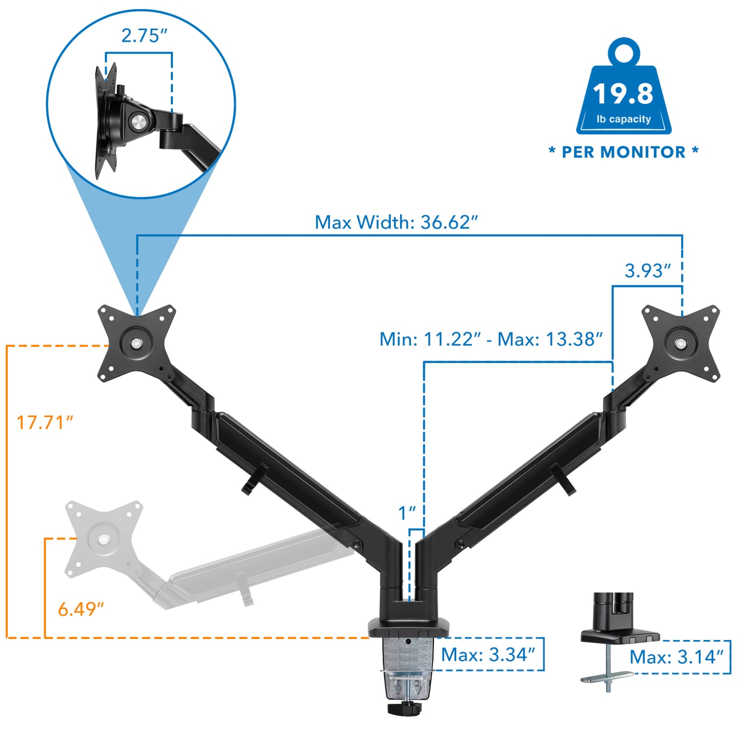 Mount-It! 32in Dual Monitor Mount With Low Profile Gas Spring Arms, Black - Image 4