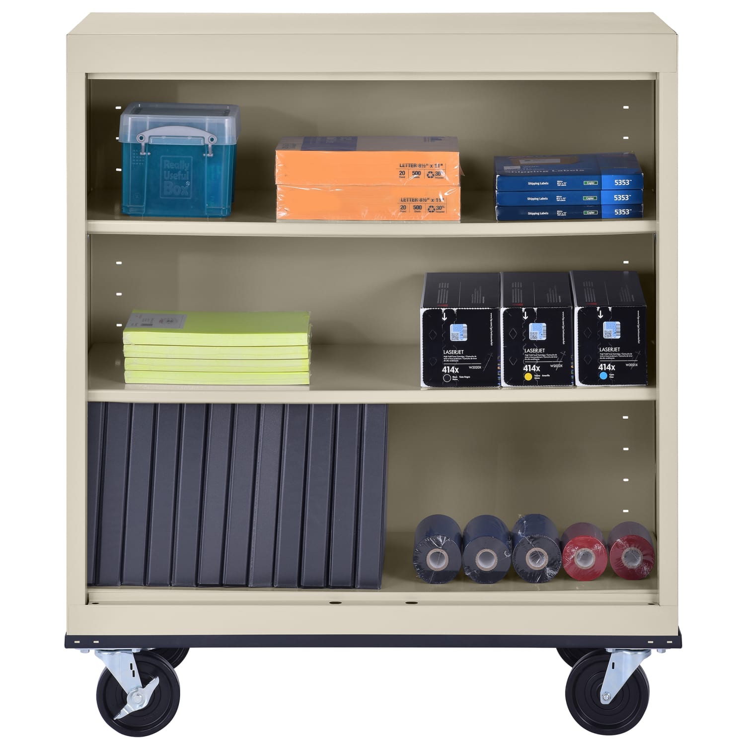 Sandusky Mobile Welded Steel Bookcase, 3-Shelf, 42inH x 36inW x 18inD, Putty - Image 5