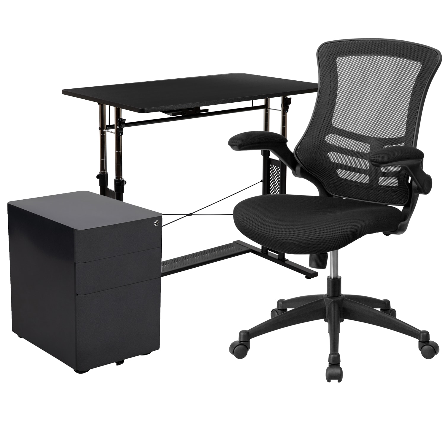 Flash Furniture Work From Home Desk And Chair Set With Adjustable Computer Desk, Ergonomic Mesh Office Chair And Locking Mobile Filing Cabinet, Black - Image 3