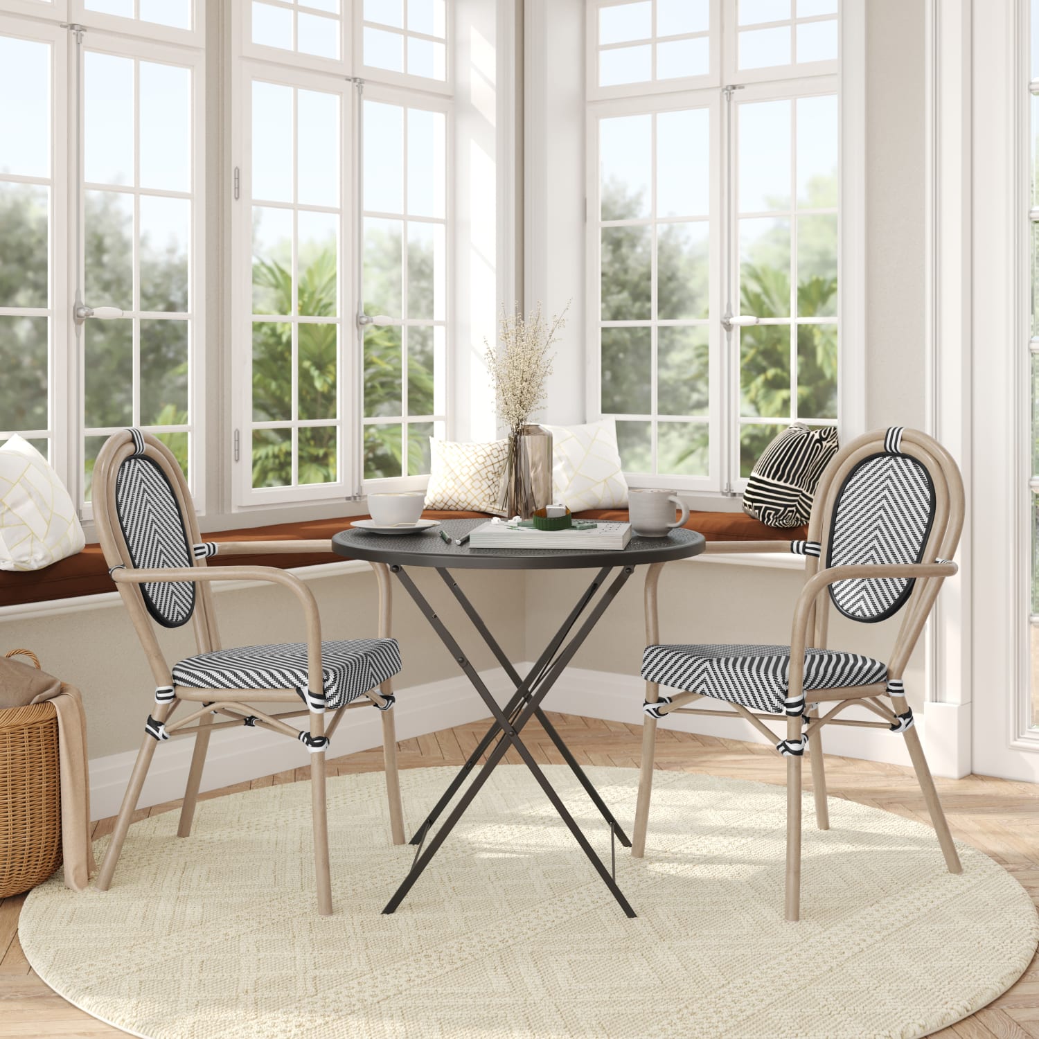 Flash Furniture 2 Pack Marseille IndoorOutdoor Commercial Thonet Bistro Stacking Chair with Arms Black  WhiteLight Natural Frame  2SDA6422ATXTBWL PopularChairscom