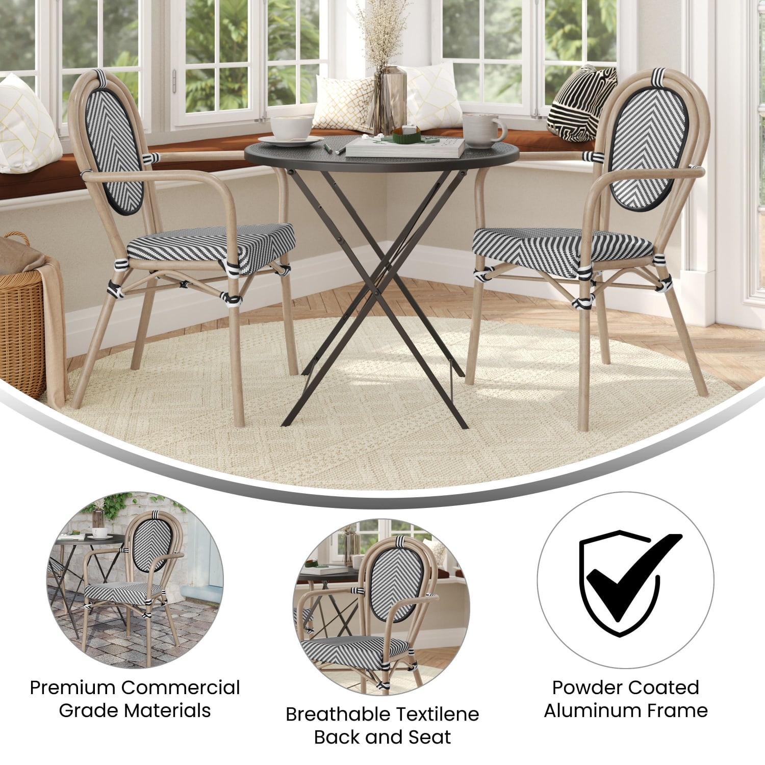 Flash Furniture 2 Pack Marseille IndoorOutdoor Commercial Thonet Bistro Stacking Chair with Arms Black  WhiteLight Natural Frame  2SDA6422ATXTBWL PopularChairscom