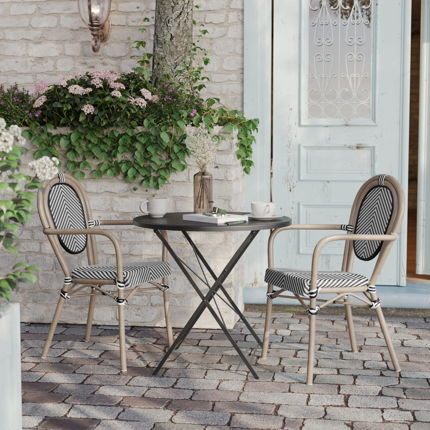 Flash Furniture 2 Pack Marseille Indoor/Outdoor Commercial Thonet Bistro Stacking Chair with Arms, Textilene and Bamboo Print Aluminum Frame, Black & White/Light Natural Frame - Image 6