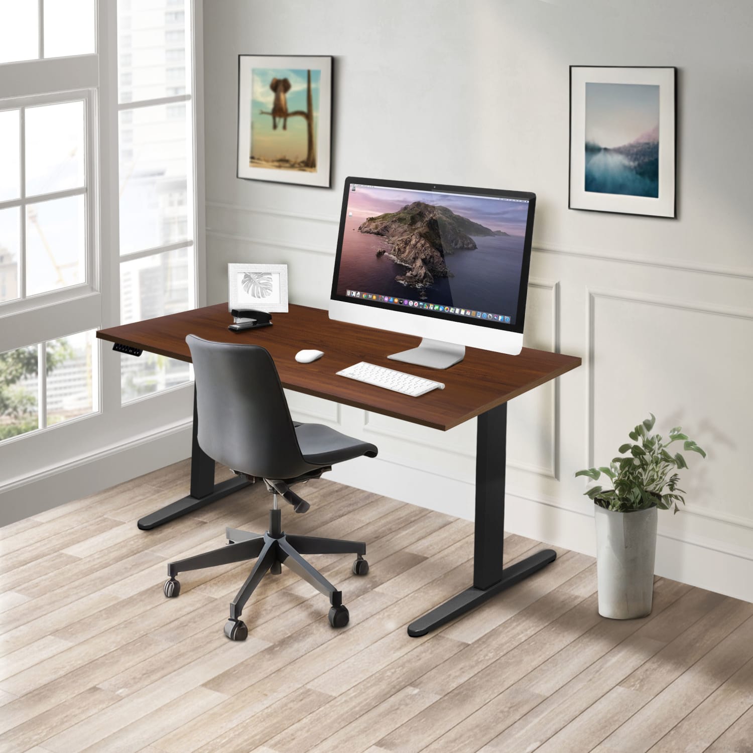 Mount-It! Dual Motor Electric 55inW Adjustable Height Standing Desk, Brown/Black - Image 3
