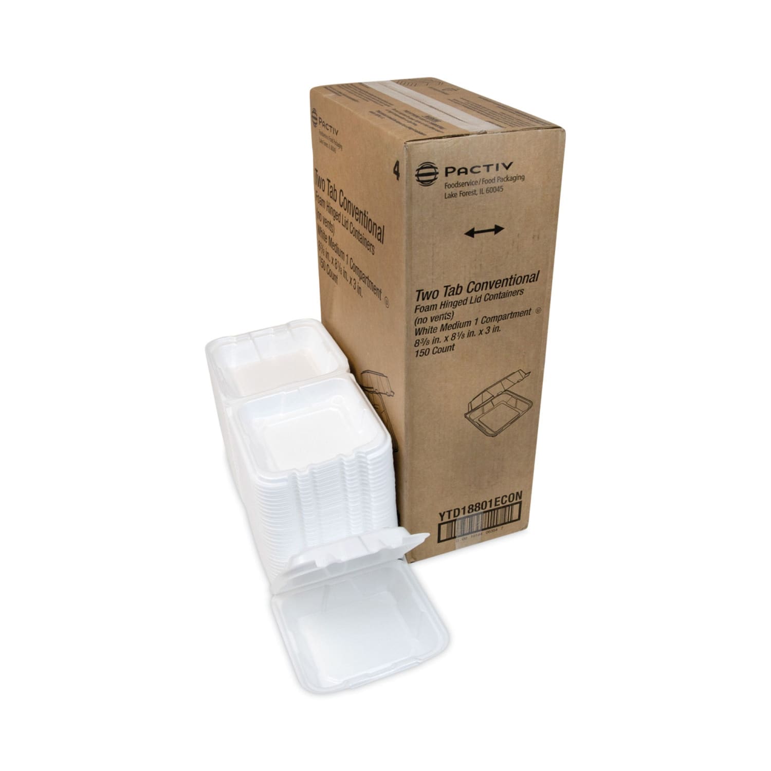 Pactiv Evergreen Vented Foam Hinged Lid Containers, Dual Tab Lock Economy, 3inH x 8-7/16inW x 8-3/16inD, White, Carton Of 150 Containers - Image 6