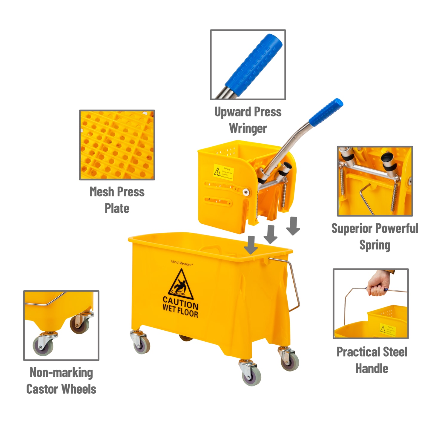 Mind Reader Bucket With Wringer And Mop Set, 22 Qt, Yellow - Image 6