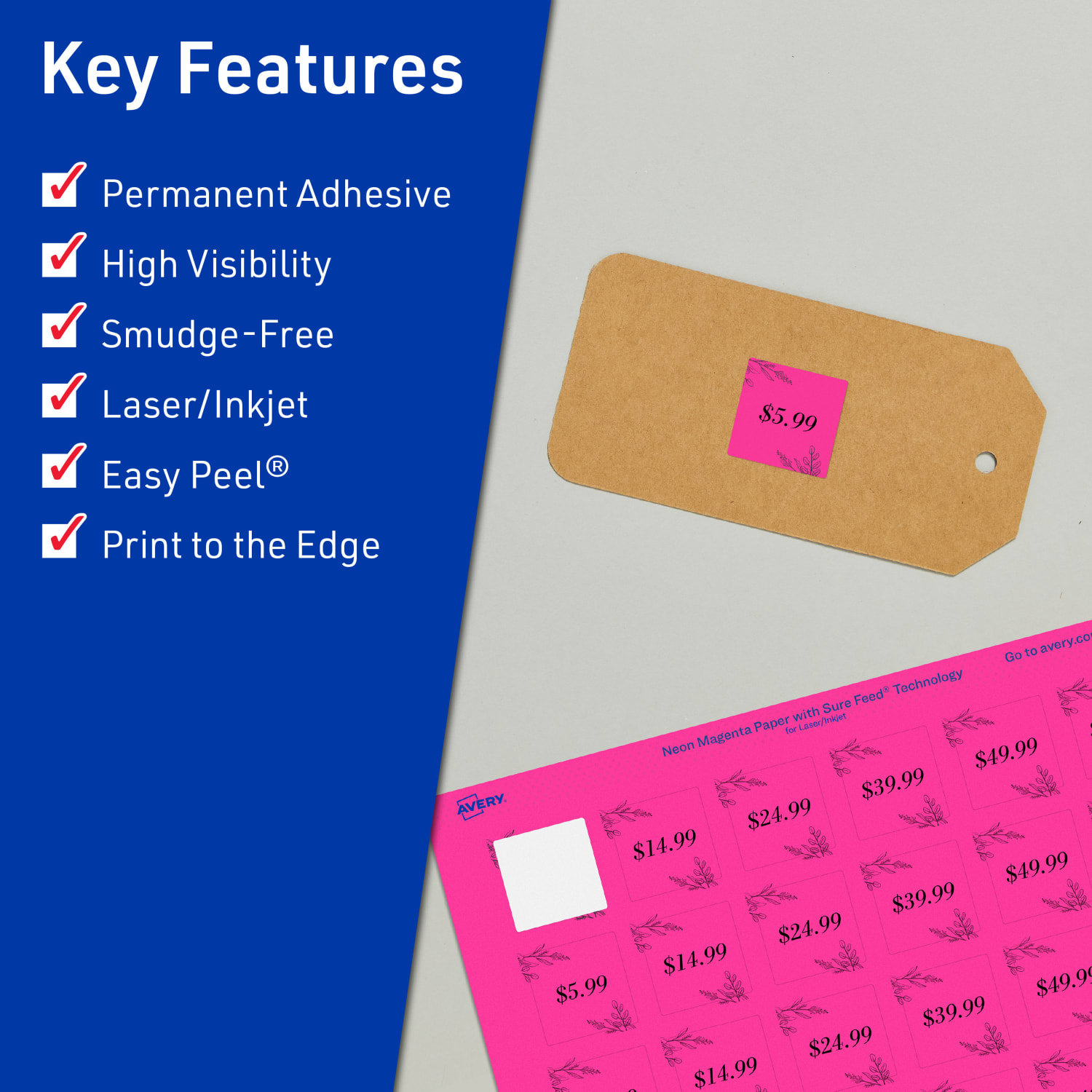 Avery Print-To-The-Edge Labels With Sure Feed Technology And Easy Peel Label Feature, 94103-NMP10, Square, 1in x 1in, Matte Neon Magenta, Pack of 480 - Image 3