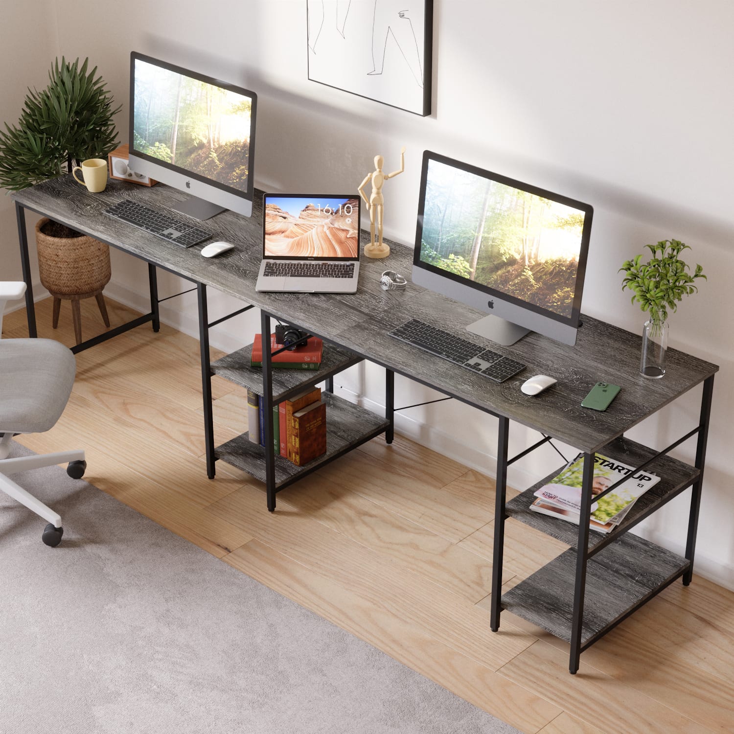 Bestier L-Shaped Corner Computer Desk With Storage Shelf, And Cable Management, 60inW, Dark Retro Gray Oak - Image 3