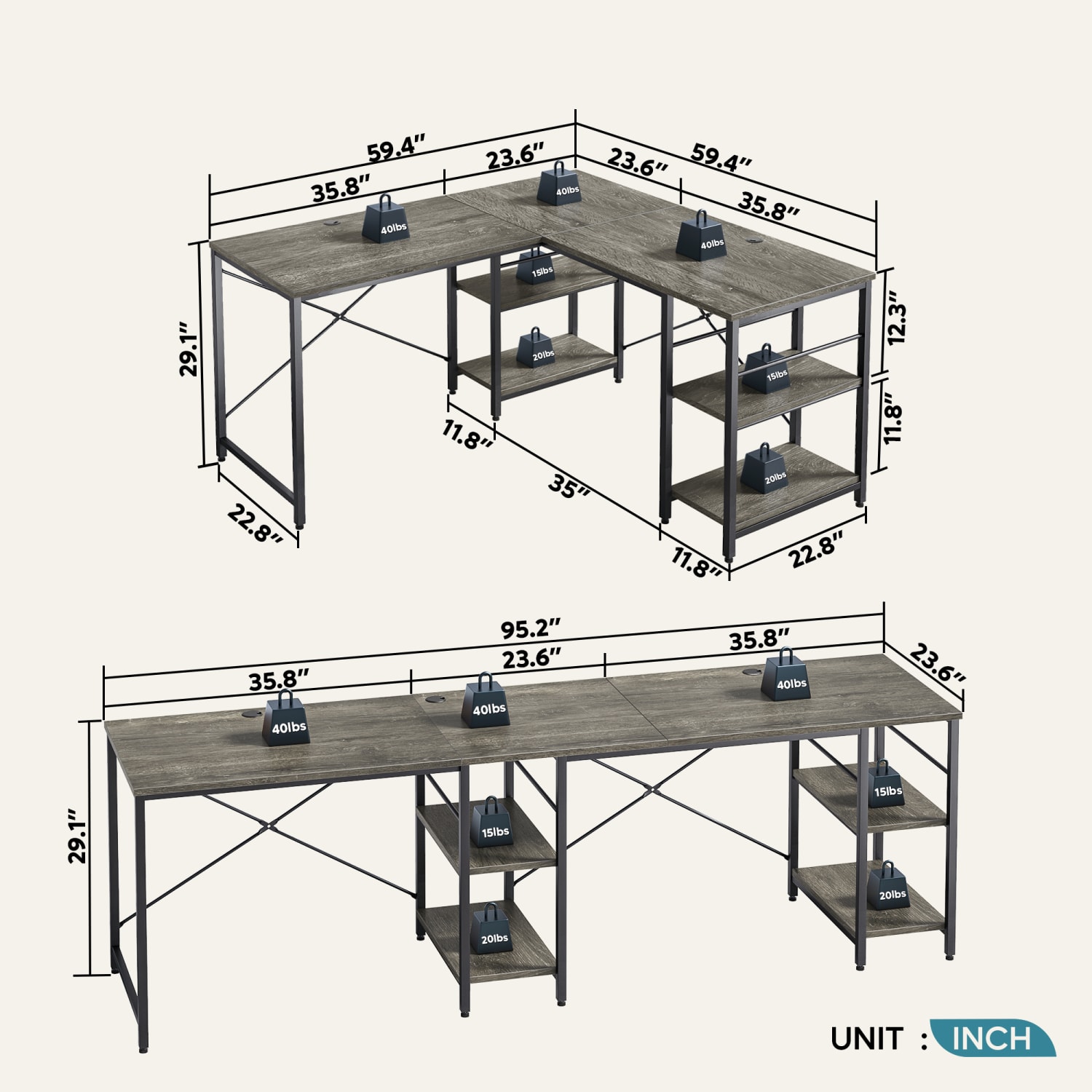 Bestier L-Shaped Corner Computer Desk With Storage Shelf, And Cable Management, 60inW, Dark Retro Gray Oak - Image 5