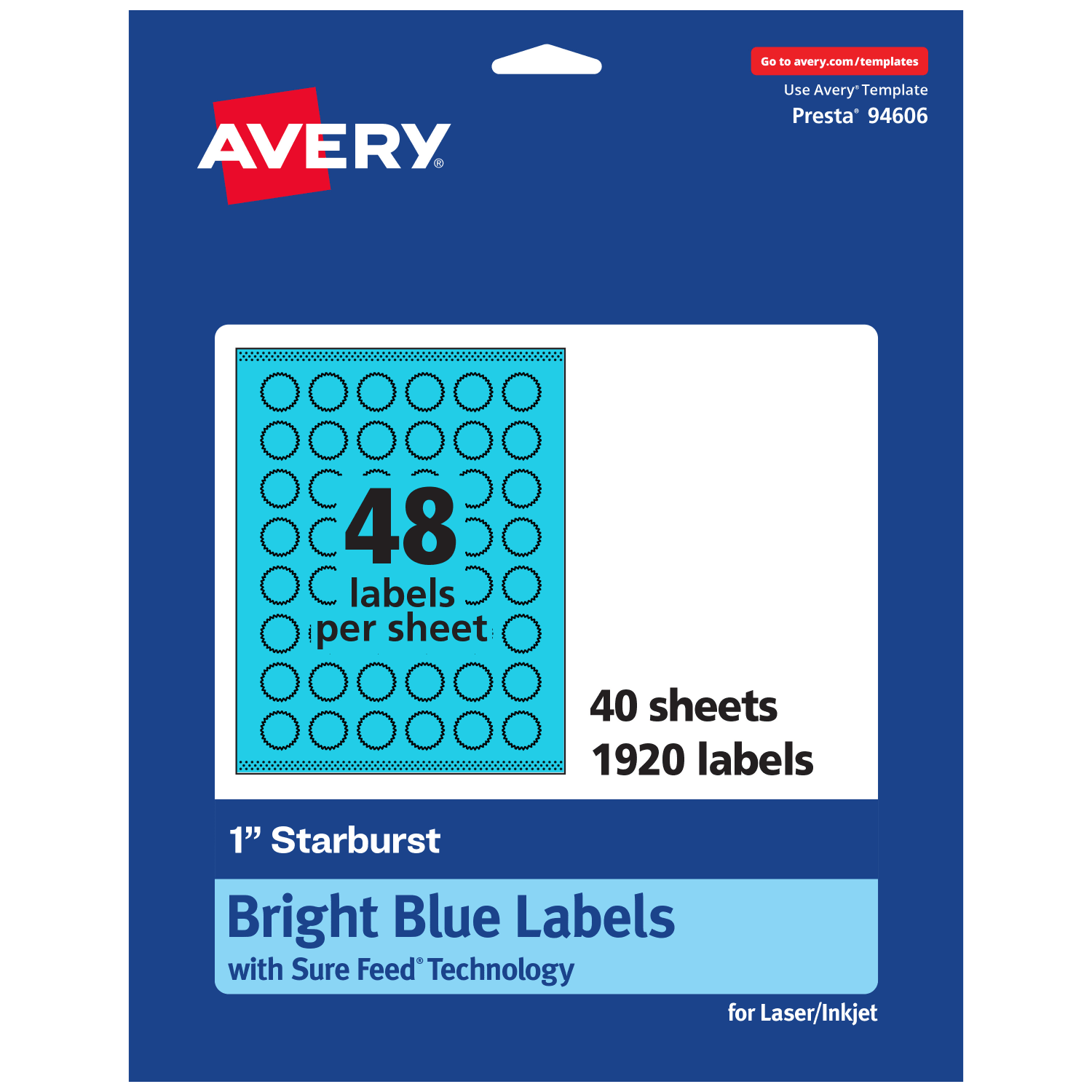 Avery Print-To-The-Edge Labels With Sure Feed Technology, 94606-BBP40, Starburst, 1in, Matte Bright Blue, Pack of 1920