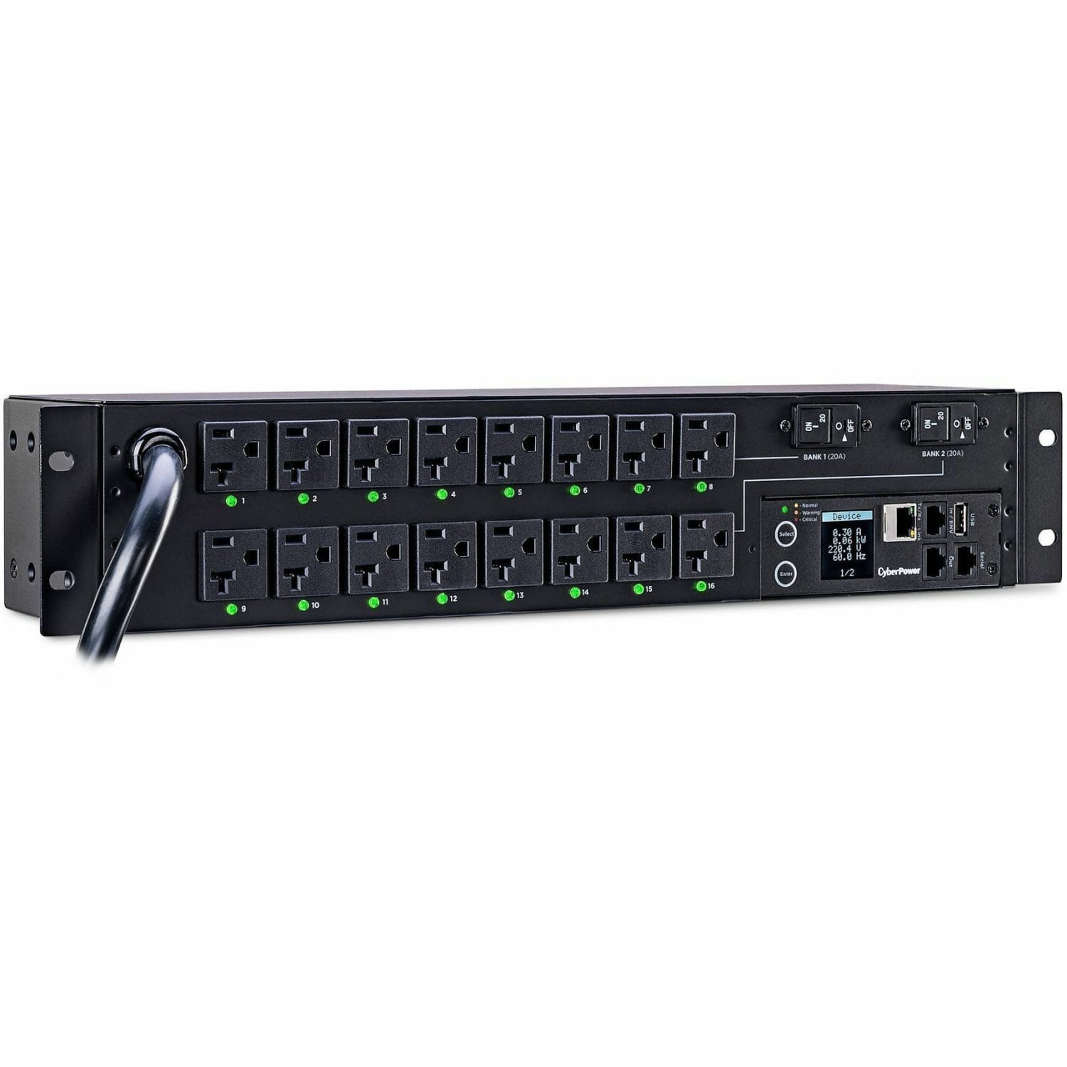 CyberPower PDU41003 Single Phase 100 - 120 VAC 30A Switched PDU - 16 Outlets, 12 ft, NEMA L5-30P, Horizontal, 2U, SNMP, 3YR Warranty - Image 3