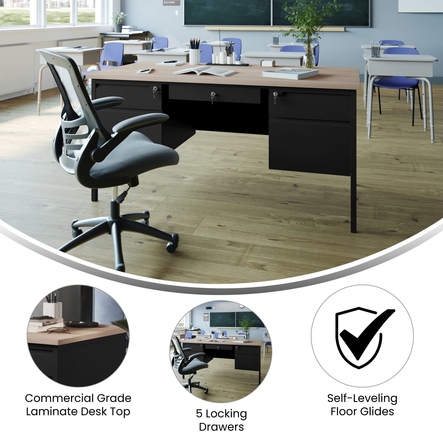 Flash Furniture Cambridge Commercial Grade Double Pedestal 60inW x 30inD Desk with Locking Drawers and Metal Frame, White Oak - Image 4