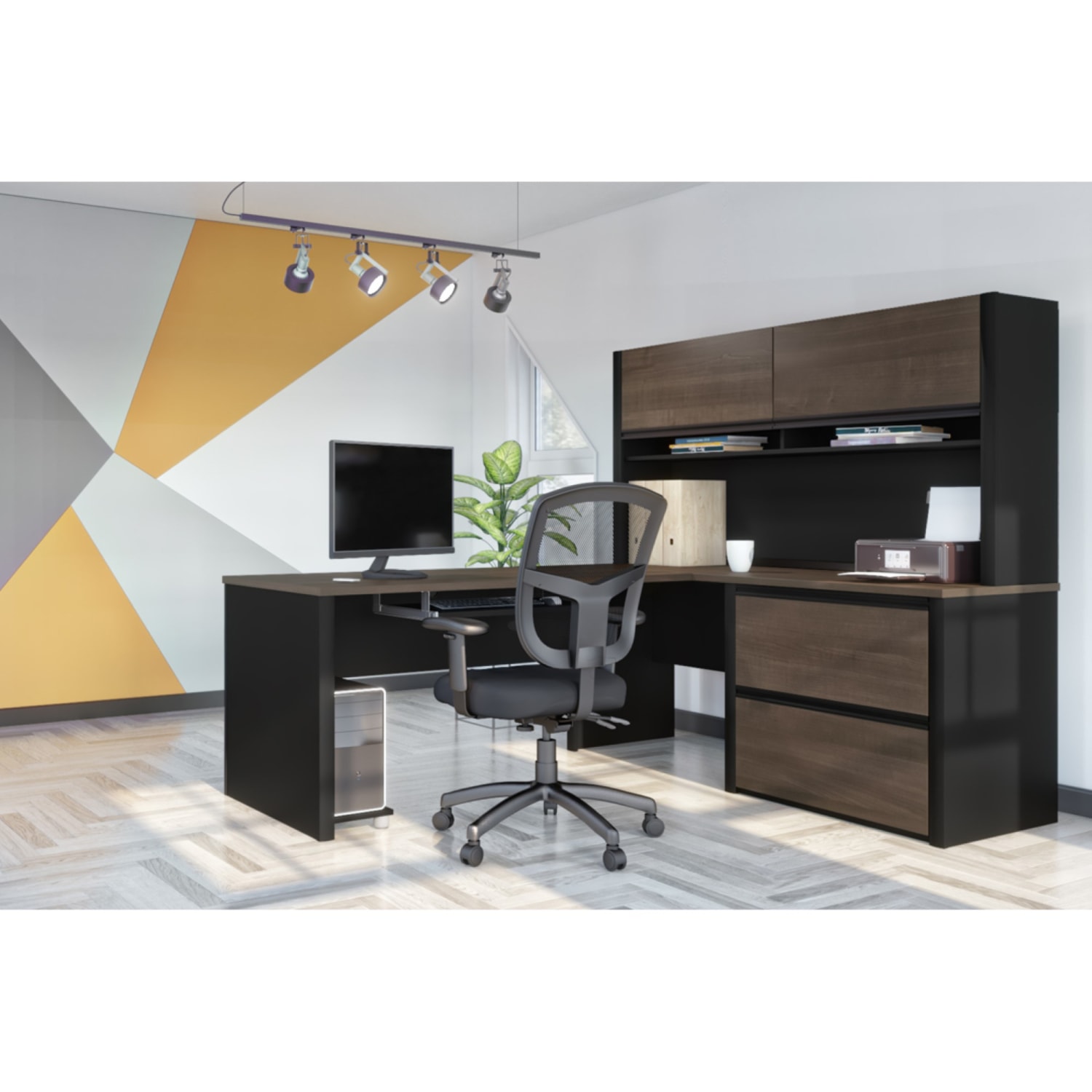 Bestar Connexion 72inW L-Shaped Corner Desk With Hutch And Lateral File Cabinet, Antigua/Black - Image 4