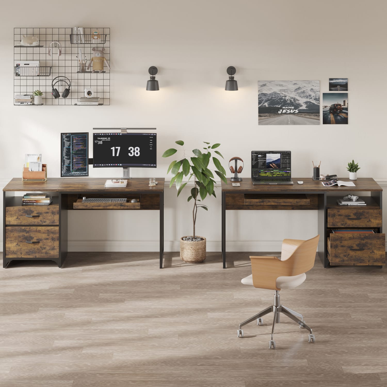 Bestier 56inW Office Desk With Drawers & Tray, Rustic Brown - Image 3