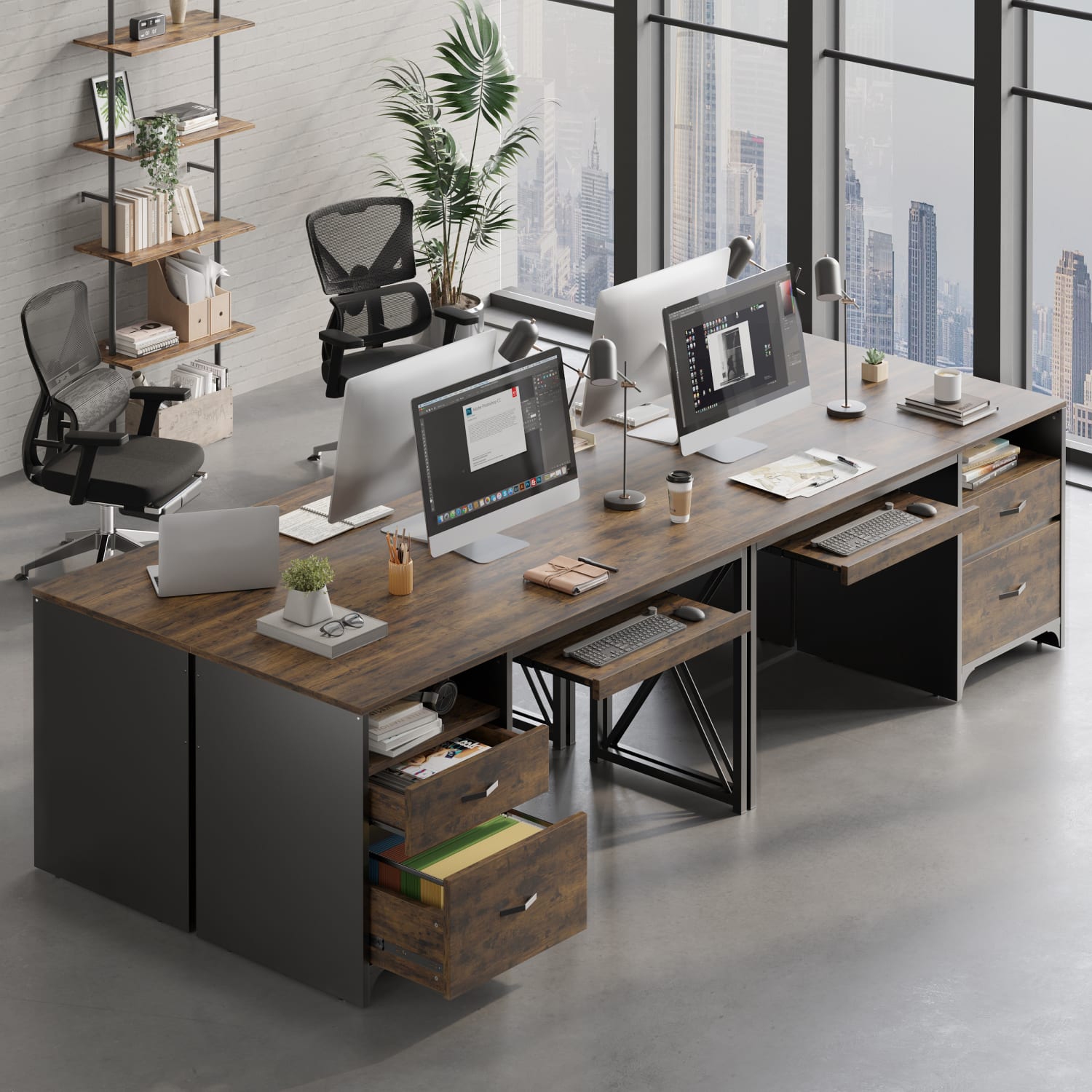 Bestier 56inW Office Desk With Drawers & Tray, Rustic Brown - Image 4