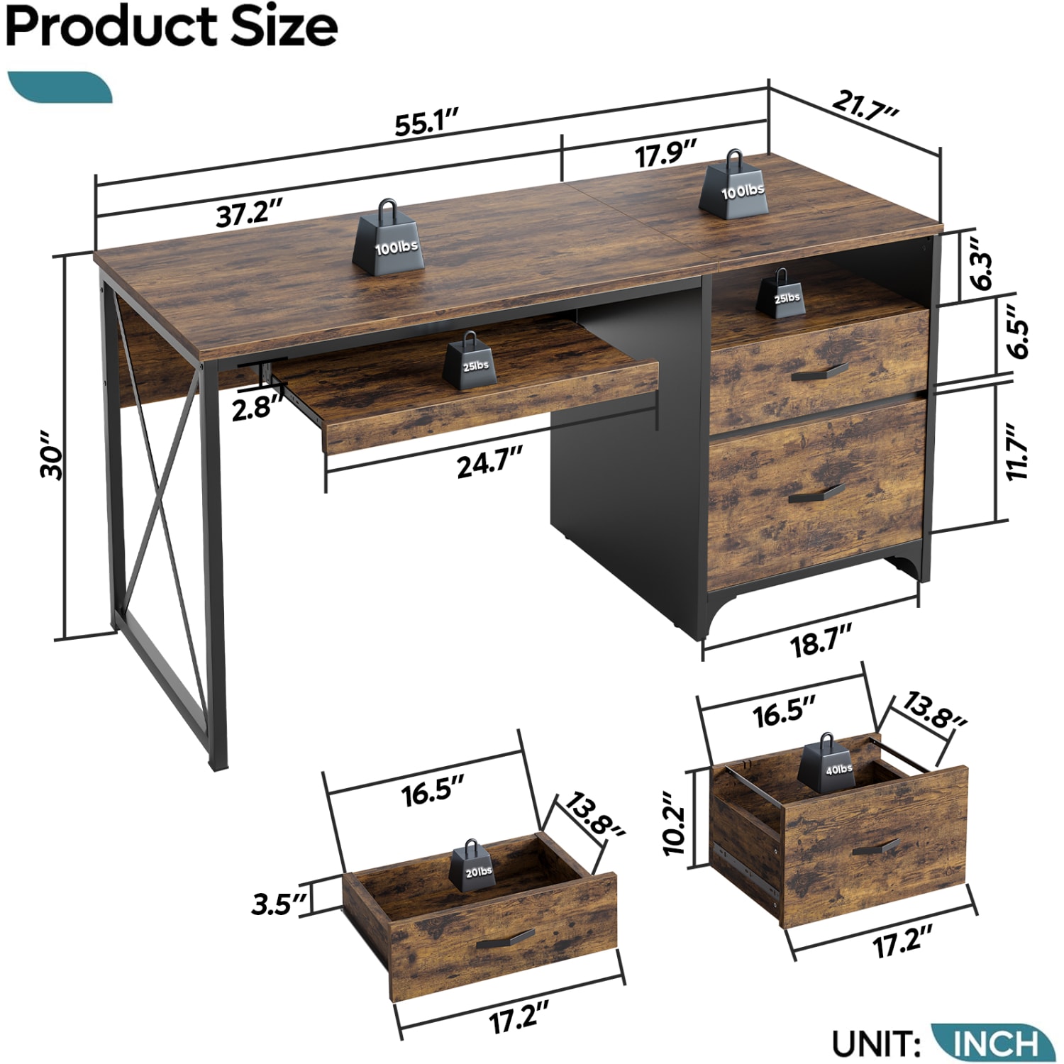 Bestier 56inW Office Desk With Drawers & Tray, Rustic Brown - Image 5