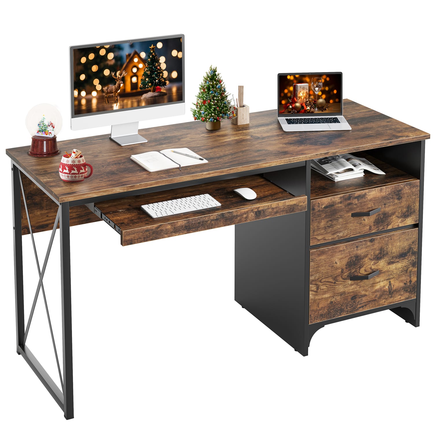Bestier 56inW Office Desk With Drawers & Tray, Rustic Brown - Image 6