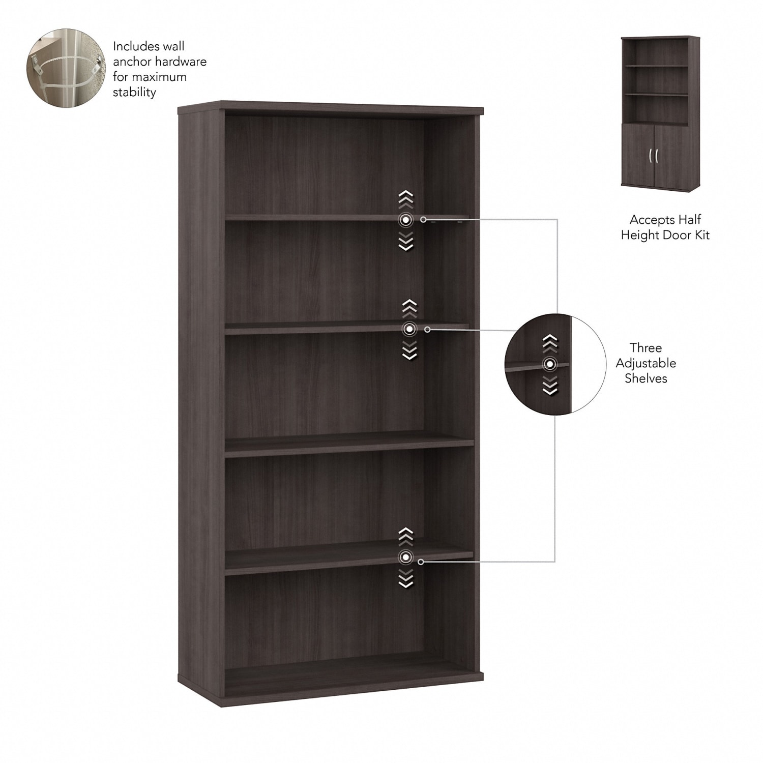 Bush Business Furniture Hybrid 73inH 5-Shelf Bookcase With Doors, Storm Gray, Standard Delivery - Image 4