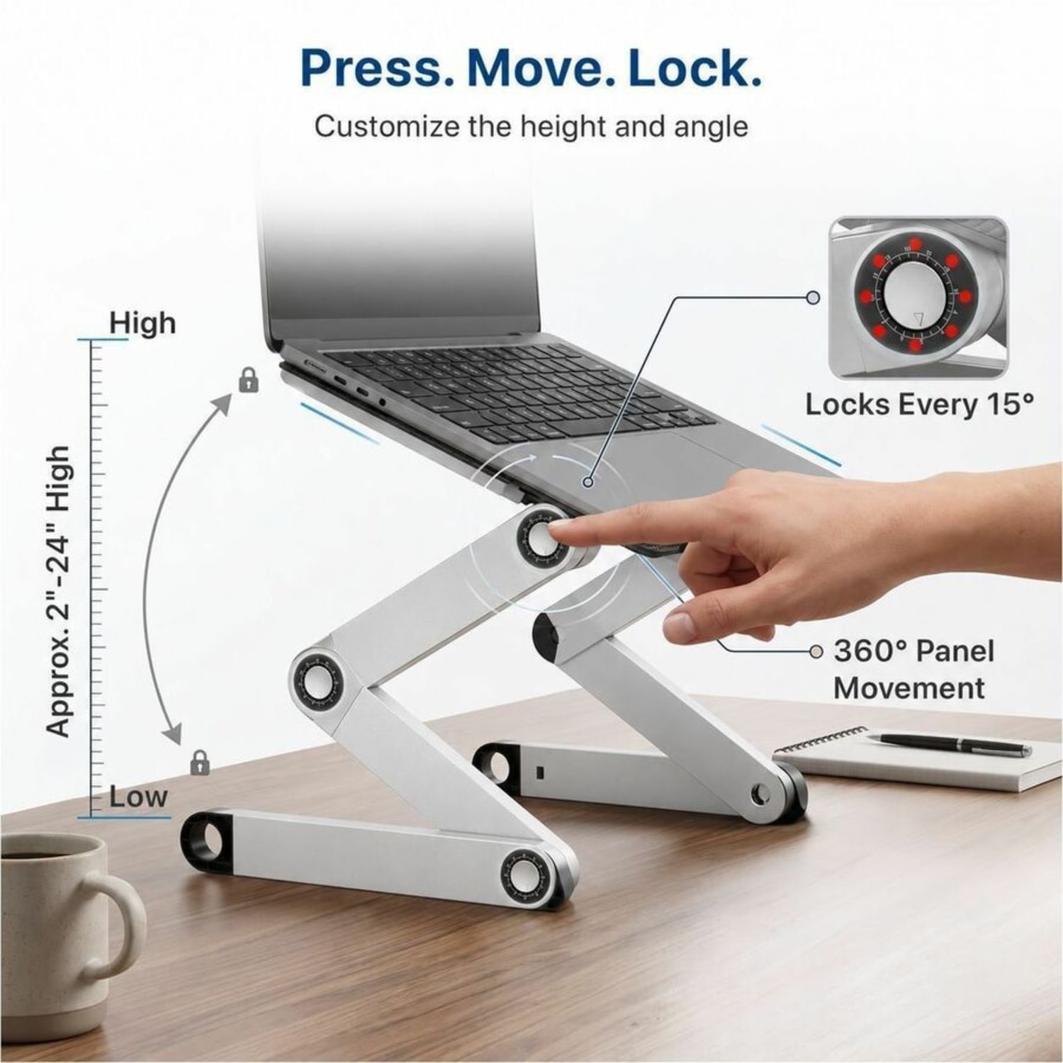 WorkEZ Executive Adjustable Laptop Stand With Fans And USB Ports, Silver - Image 6