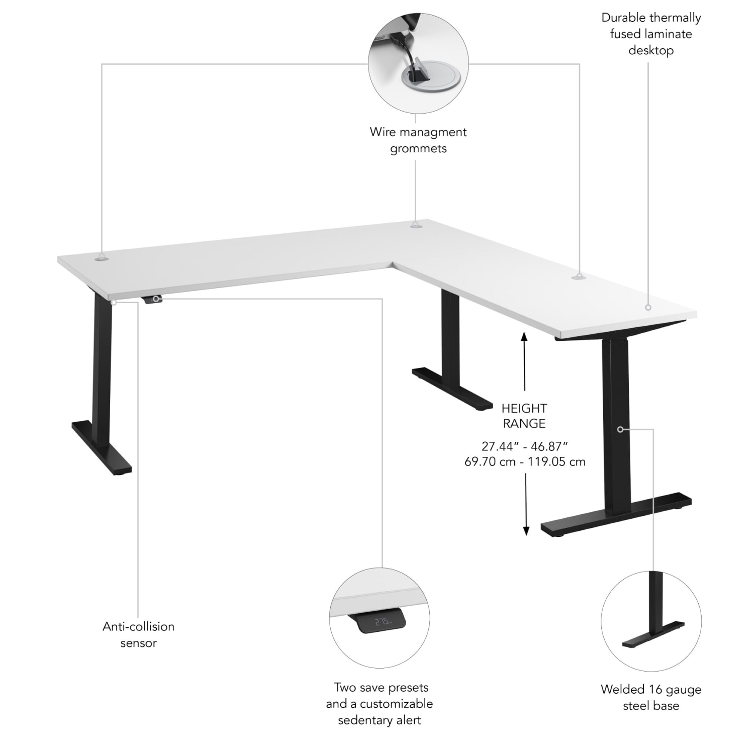Bush Business Furniture Move 60 Series 72inW Height Adjustable L Shaped Standing Desk, White/Black Powder Coat, Standard Delivery - Image 4