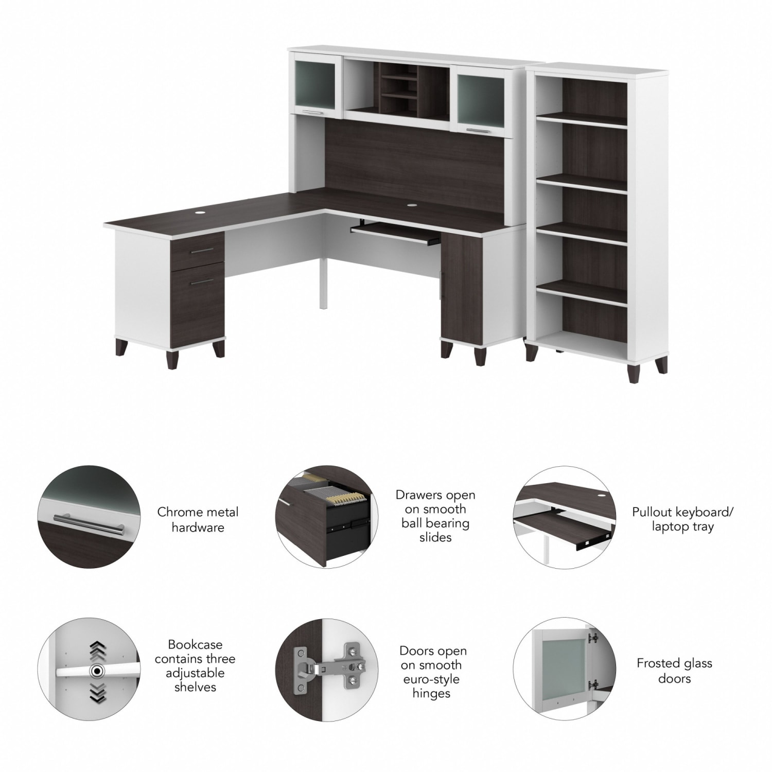 Bush Furniture Somerset 72inW L-Shaped Desk With Hutch And 5-Shelf Bookcase, Storm Gray/White, Standard Delivery - Image 3