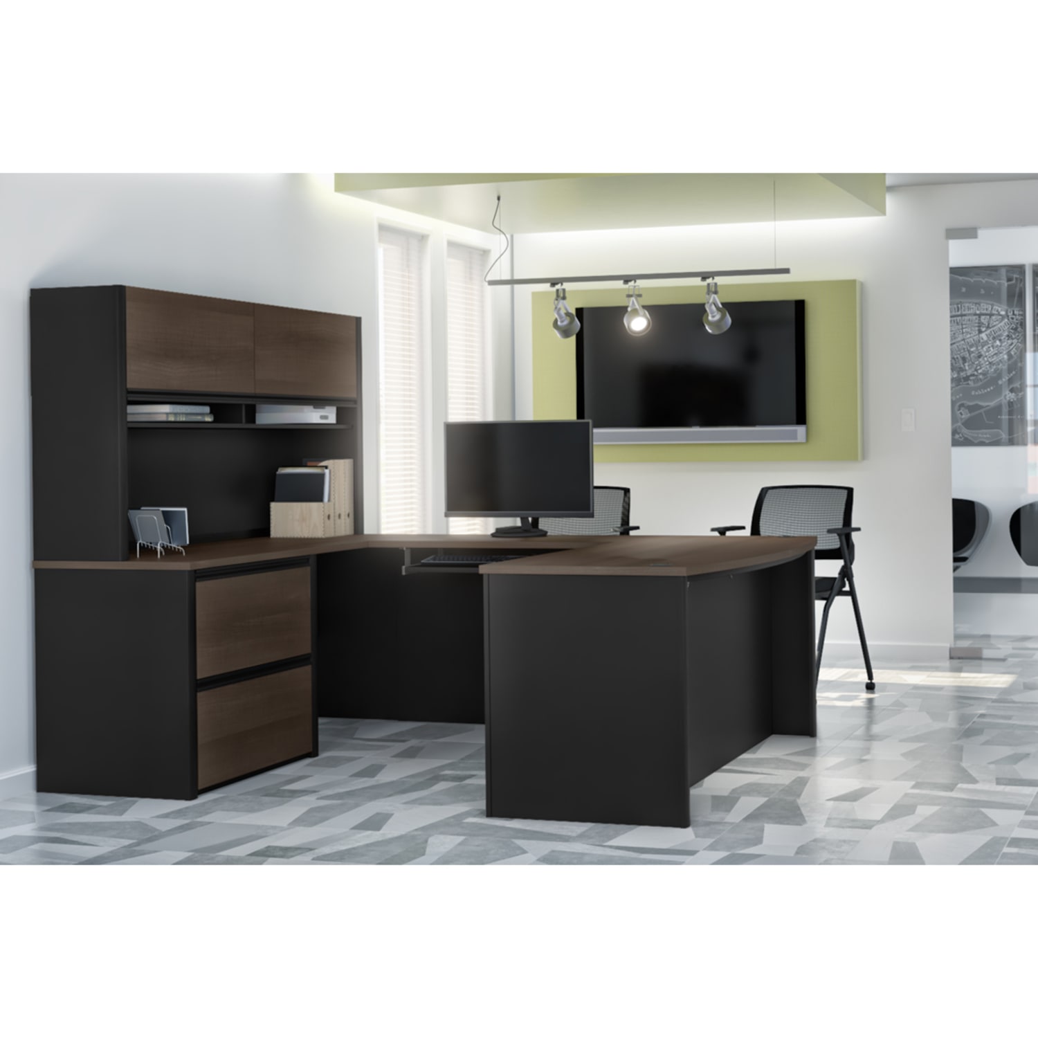 Bestar Connexion 72inW U-Shaped Executive Computer Desk With Lateral File Cabinet And Hutch, Antigua/Black - Image 4