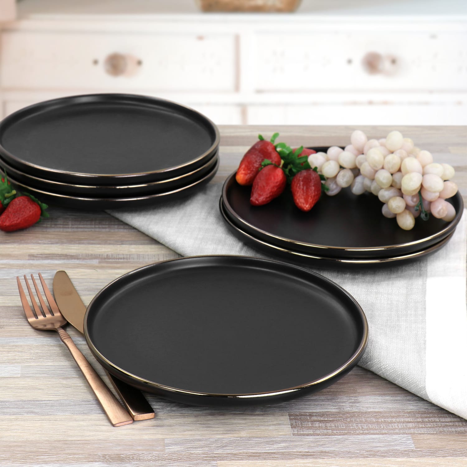 Elama Paul 6-Piece Round Stoneware Salad Plate Set, 8in, Matte Black/Gold - Image 5