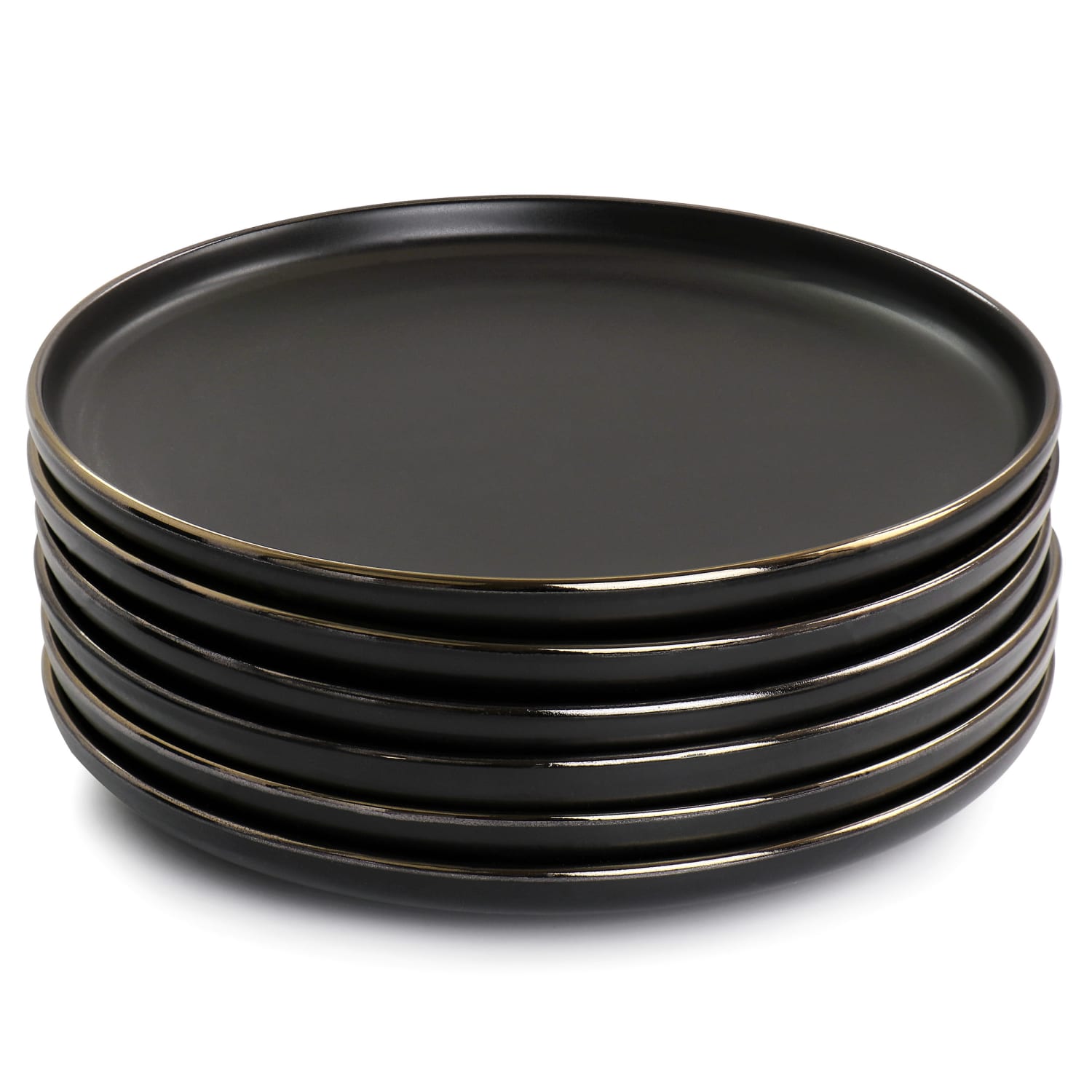 Elama Paul 6-Piece Round Stoneware Salad Plate Set, 8in, Matte Black/Gold - Image 6